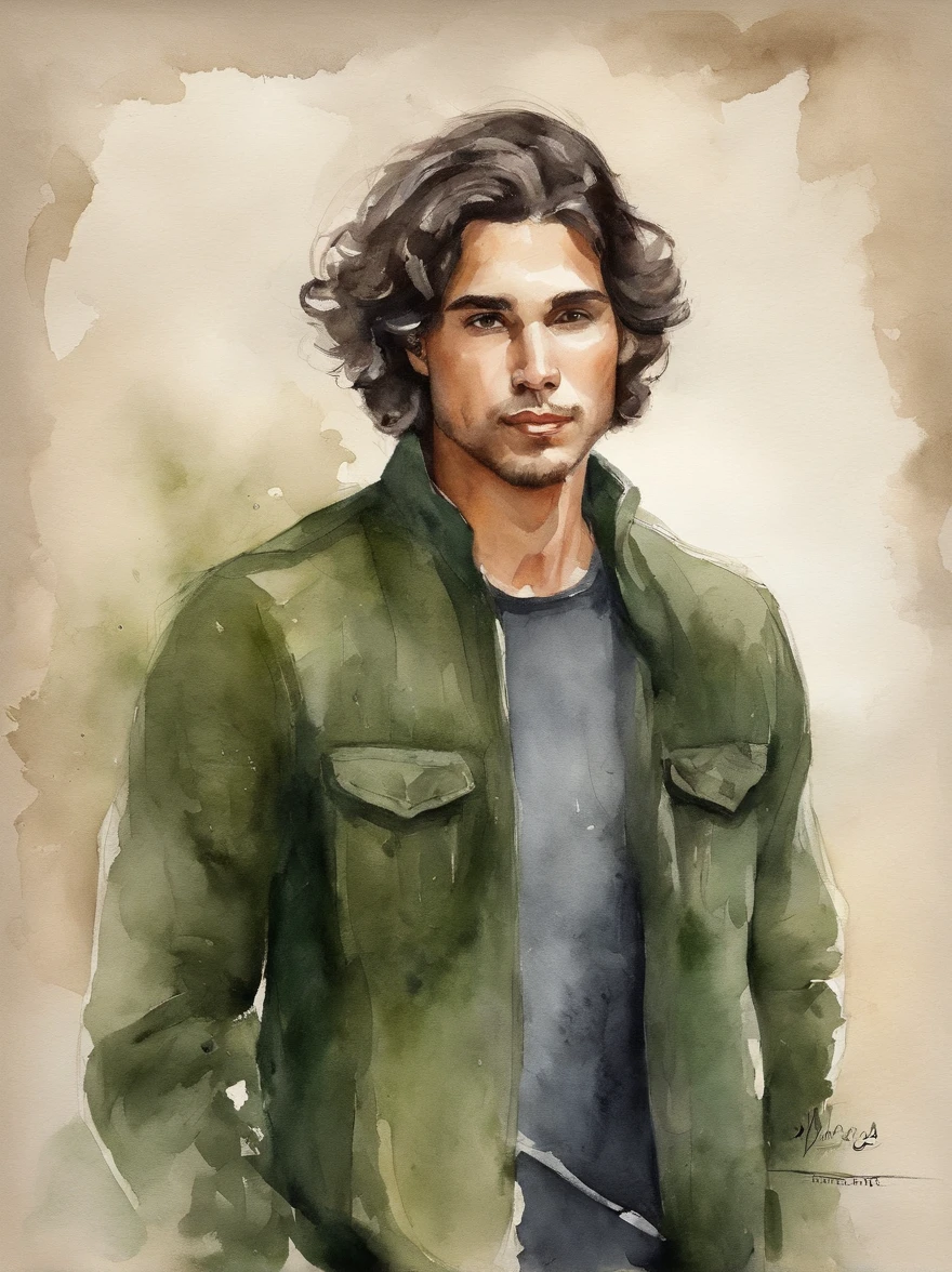 Watercolor painting of a handsome young man with neck-length dark hair and dark green jacket with black shirt : : trending on ArtStation: : Simple composition creates a sense of order and harmony. A pintura reflete as qualidades espirituais do mundo natural. --up luz --ar 9:16