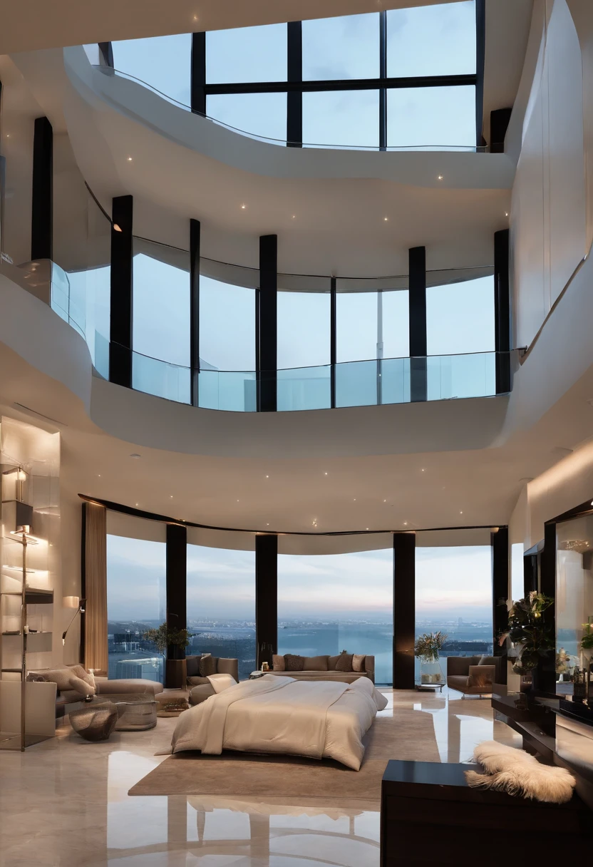 (best quality,4k,highres), modern contemporary furniture, spacious bed room, floor-to-ceiling windows, marble flooring, elegant chandeliers, minimalist decor, neutral color palette, natural light, luxurious master bedroom with ensuite bathroom, walk-in closet, designer furniture, plush carpets, indoor swimming pool, private balcony.