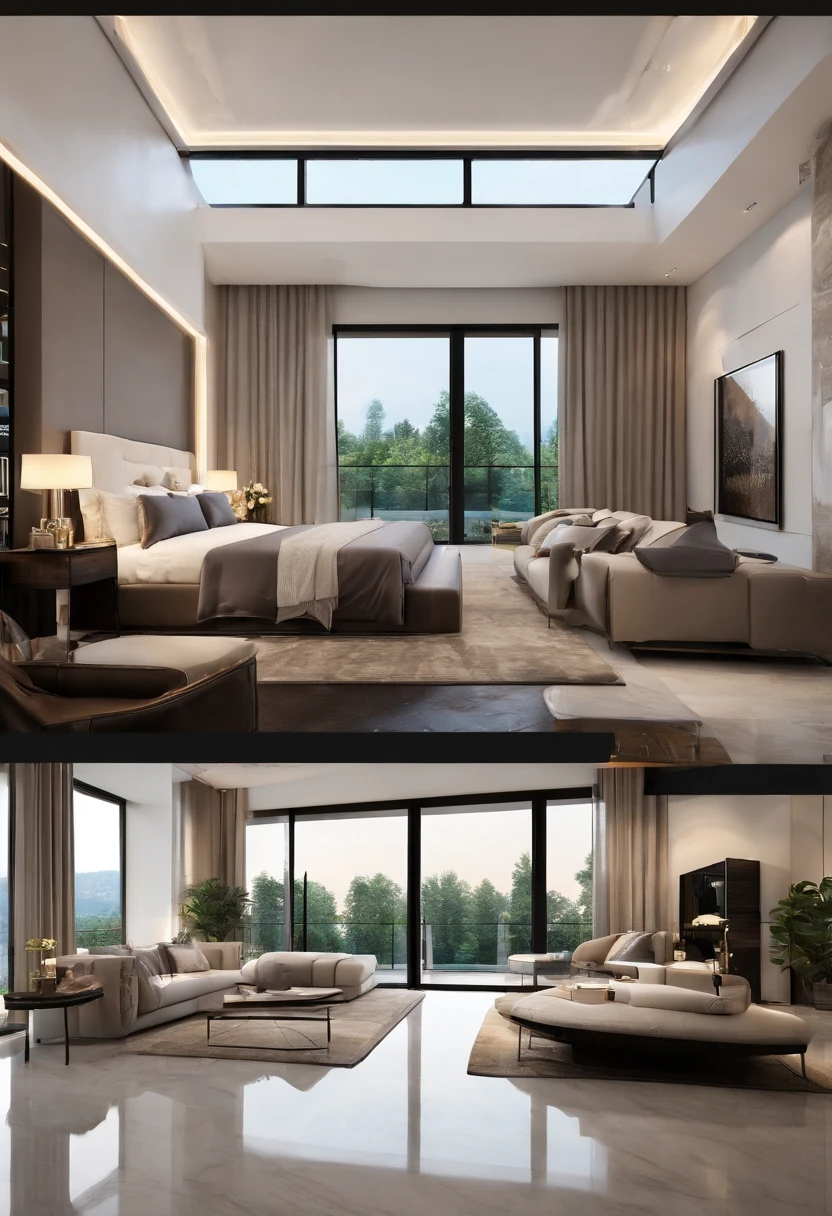 (best quality,4k,highres), modern contemporary furniture, spacious bed room, floor-to-ceiling windows, marble flooring, elegant chandeliers, minimalist decor, neutral color palette, natural light, luxurious master bedroom with ensuite bathroom, walk-in closet, designer furniture, plush carpets,  indoor swimming pool, private balcony.