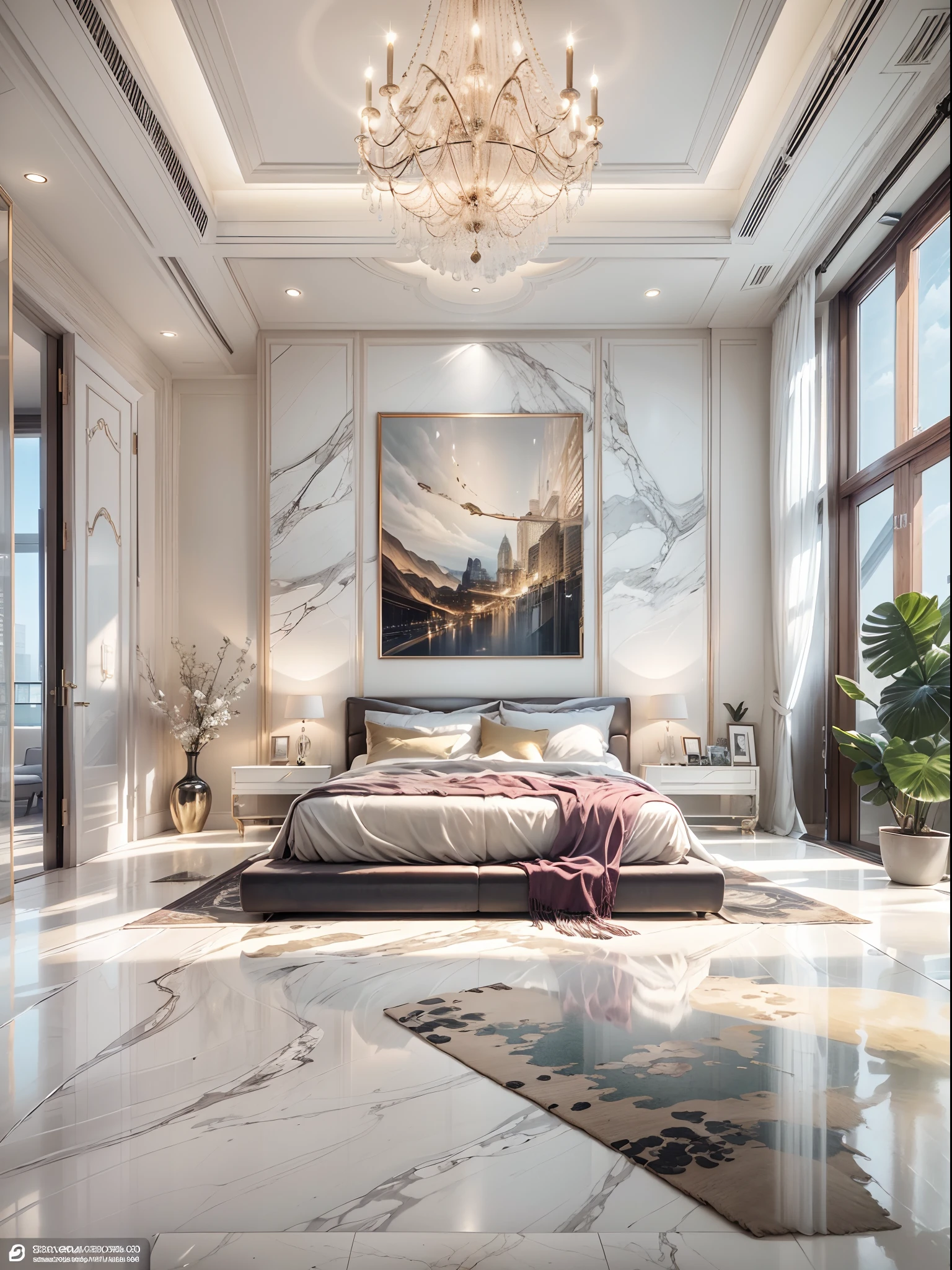 (best quality,4k,highres), modern contemporary furniture, spacious bed room, floor-to-ceiling windows, marble flooring, elegant chandeliers, minimalist decor, neutral color palette, natural light, luxurious master bedroom with ensuite bathroom, walk-in closet, designer furniture, plush carpets,  indoor swimming pool, private balcony.