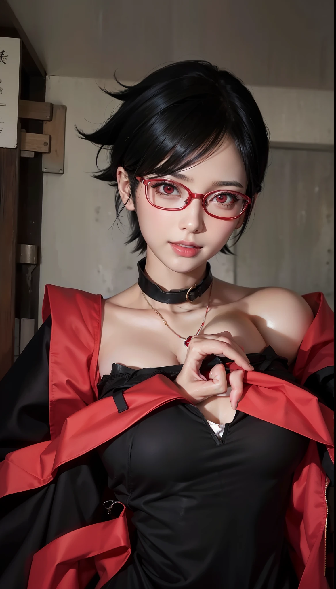 1girl, sarada uchiha in anime boruto, short hair, black hair, red eyes, smile, beautiful, sexy dress, sexy clothes, red clothes, wear red glasses, very big breast, realistic clothes, detail clothes, outdoor background, ultra detail, realistic