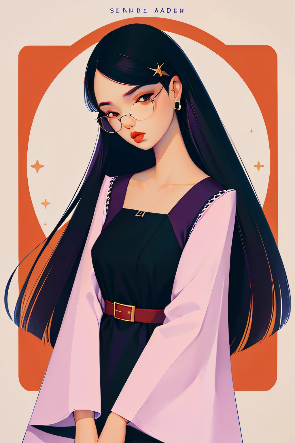 character design of a girl (masterpiece:1.2, best quality), no background, 1lady, solo, (shiny skin:1.2), upper body, purple color scheme, witch outfit, glasses, straight long black hair styled in hime-cut hair, character concept art, harajuku style, hair pin,