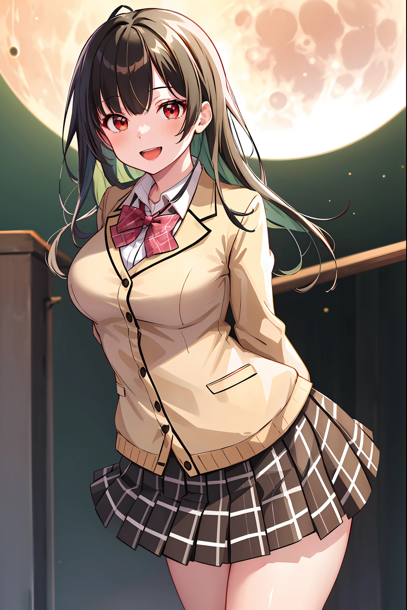 masterpiece, best quality, highres, 1girl, green hair, long hair, bangs, red eyes, medium breasts, pink bowtie, school uniform, white jacket, open jacket, black cardigan, black shirt, white skirt, plaid skirt, smile, open mouth, arms behind back, leaning forward,  Surface of the Moon