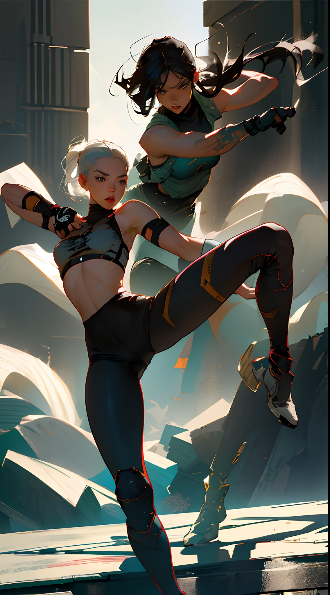A beautiful athletic woman, doing a knee strike, kicking a thug, dynamic pose, character moving fast leaving of mouvement, blured background, post apocalyptic art, strong fit ripped body, military boots, bra and leggings clothing style greyish color, in desert, highly detailled, best quality, masterpiece, 8k