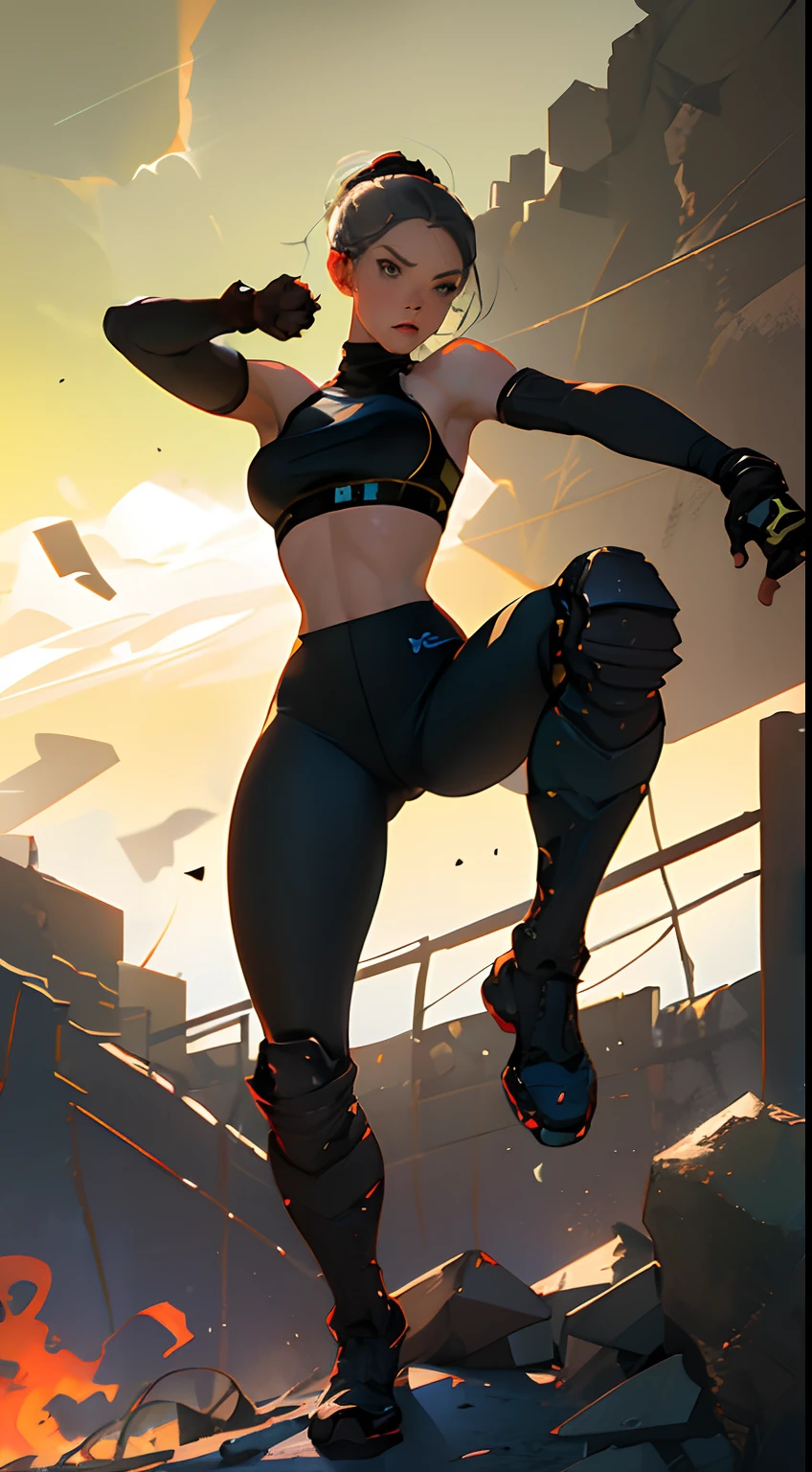 A beautiful athletic woman, doing a knee strike, kicking a thug, dynamic pose, character moving fast leaving of mouvement, blured background, post apocalyptic art, strong fit ripped body, military boots, bra and leggings clothing style greyish color, in desert, highly detailled, best quality, masterpiece, 8k