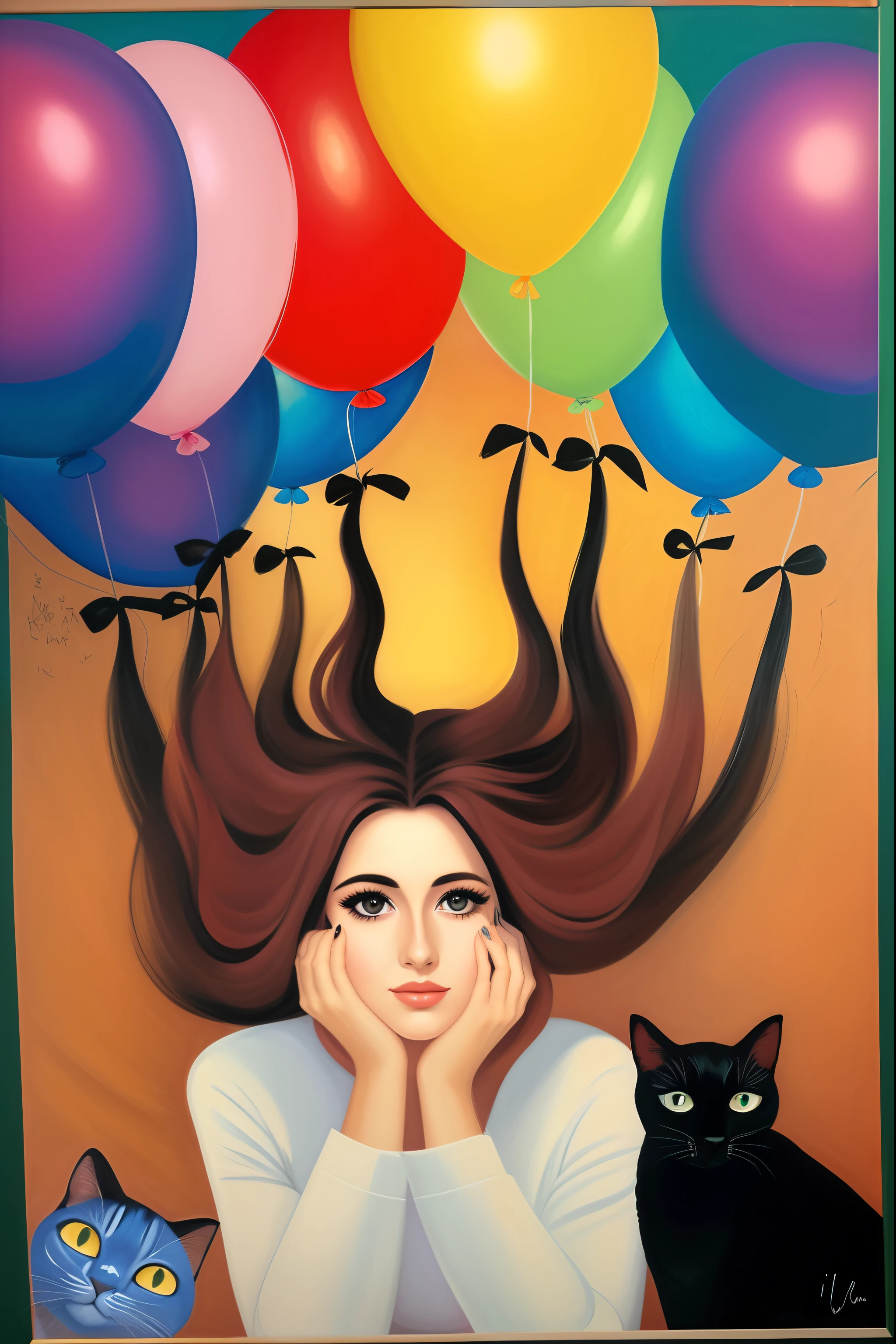 Painting of a woman with balloons and a cat, birthday painting, por Cicely Hey, retrato caprichoso, the hair is floating, inspirado em Margaret Keane, Directed by: Benjamin Marra, Directed by: Zsuzsa Máthé, inspirado em Tina Blondell, Directed by: Ilka Gedő, arte caprichosa, Estilo Margaret Keane, inspirado em Julia Pishtar