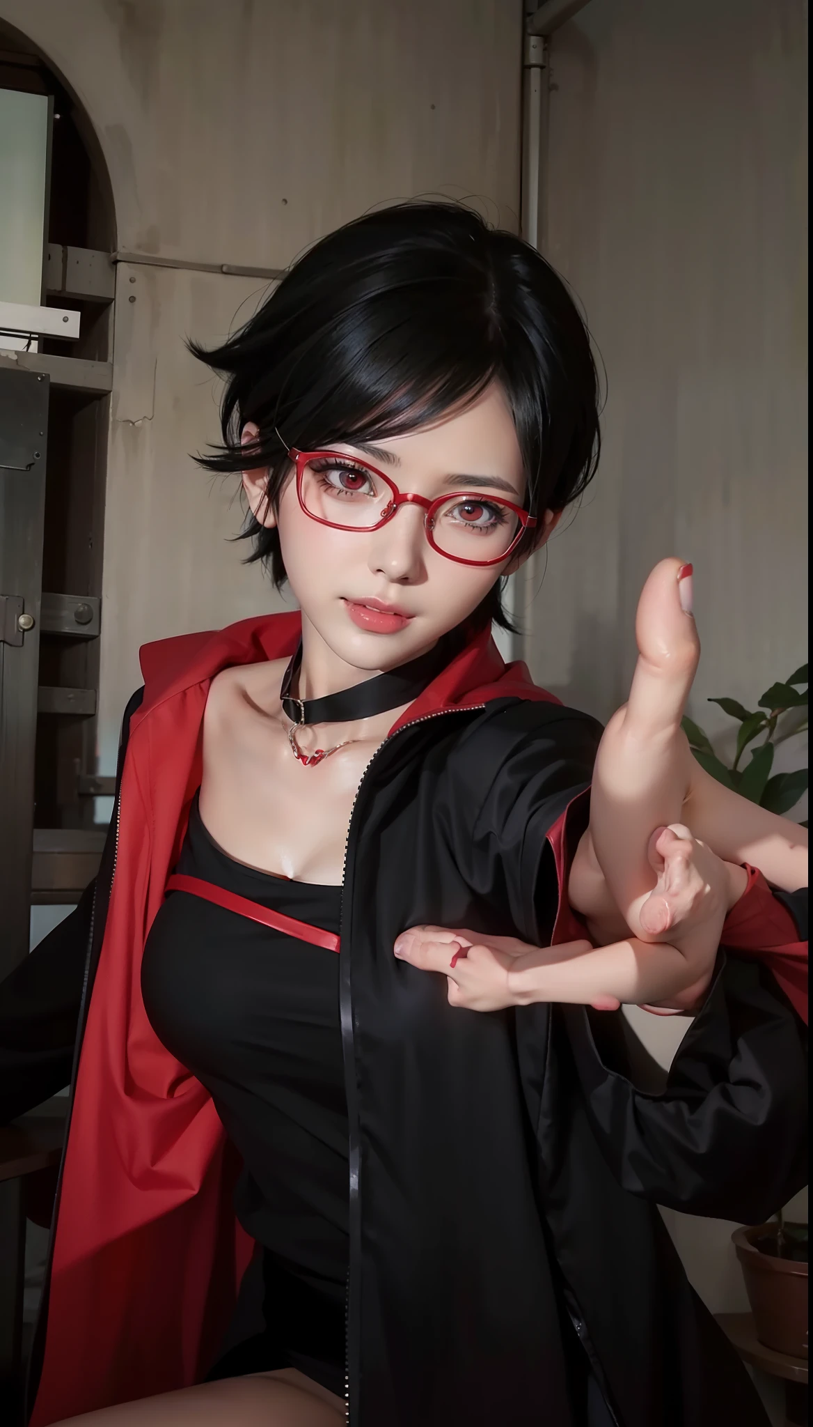 1girl, sarada uchiha in anime boruto, short hair, black hair, red eyes, smile, beautiful, sexy dress, sexy clothes, red clothes, wear red glasses, very big breast, realistic clothes, detail clothes, outdoor background, ultra detail, realistic