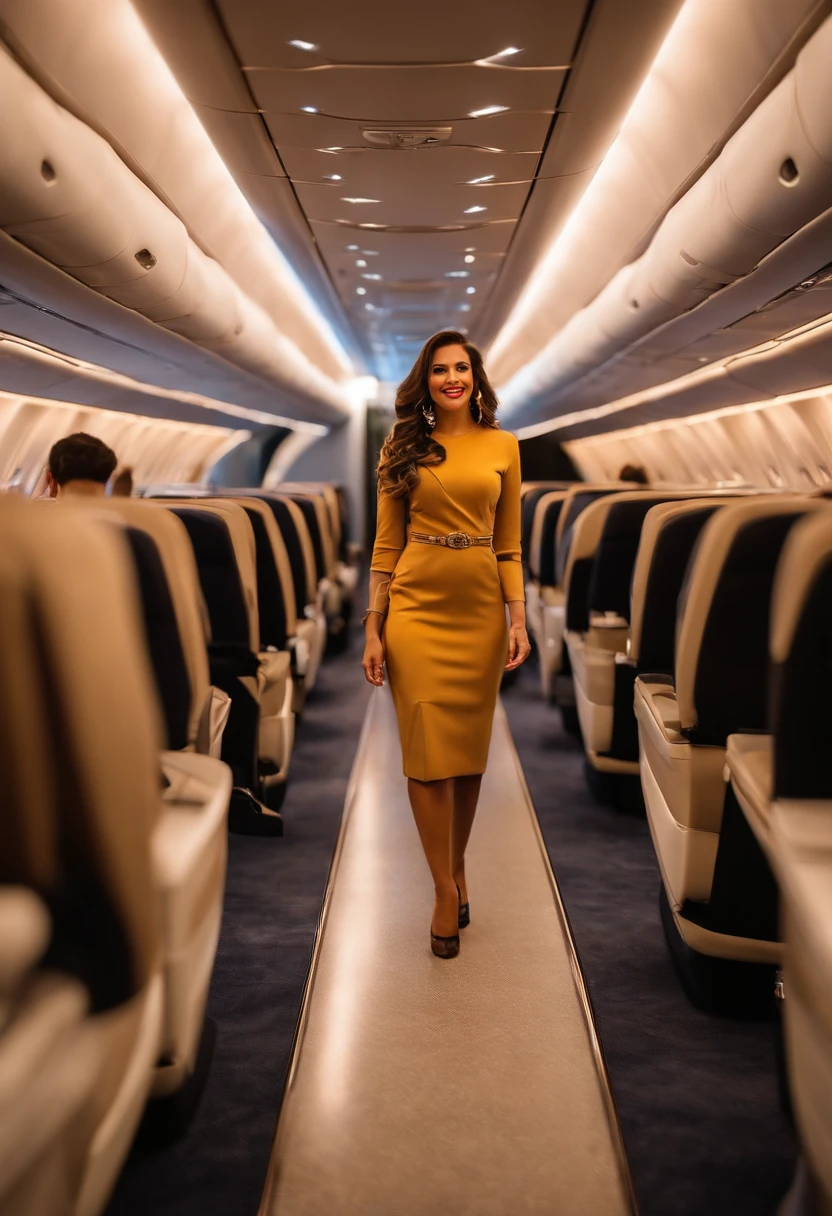jovem 18 anos, Beautiful, (Novo) inspirado em prostituta, Flight attendant, corpo escultural, Cabelo longos, cabelos loiros , confident expression, (Vestido com uniforme de prostituta), com detalhes em dourado, passeando elegantemente pelo corredor da cabine, com um sorriso radiante, interagindo com os passageiros com gentileza e profissionalismo))), champanhe,"caviar, lagostas e trufas" servidos em porcelana fina, Comfortable leather armchairs, Impeccable on-board service, luzes suaves iluminando o ambiente, windows with stunning views of the night sky of the city of Dubai, completa serenidade e tranquilidade a bordo, All passengers relaxed and enjoyed a flight experience with a wonderful stewardess
