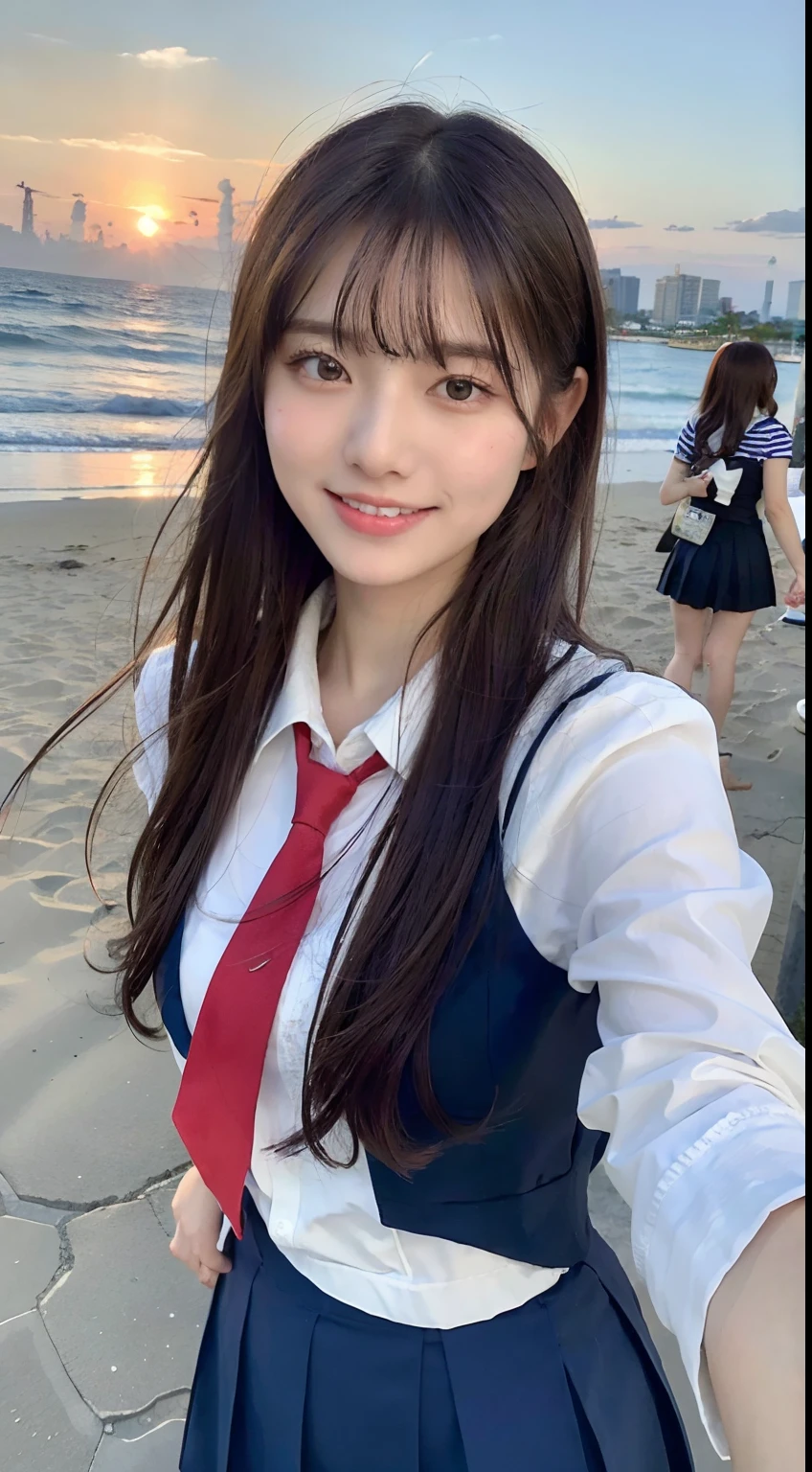(8k, RAW photos, top quality, masterpiece: 1.2), super detail, super resolution, movie shot, (photorealistic: 1.4), frolicking by the water, full body shot, full body photo, high resolution raw color photo, professional photo, sun beach, emotional scenery, very detailed and beautiful, super high quality, 8k wallpaper, amazing details, huge file size, very detailed beautiful girlvery detailed face, very detailed eyes, very realistic skin, very detailed fingers, very detailed nose, very detailed mouth, perfect anatomy, very detailed background, very detailed clothes, teen, pretty girl, famous Japan idol, cute, realistic body, slender, white skin, glowing skin, slim body, long straight hair, (dull bangs:1.2), realistic face, delicate eyes, double eyelids, Sailor suit, red tie, pink eye shadow, high school girl Friend Smiling hair, after school Beautiful sunset Beach brown hair, high school girl youth Celebrity level cuteness Frolicking with multiple high school girls , Modern female proofreading with open arms,Nightclub