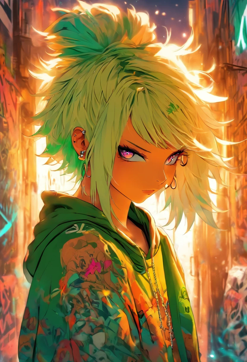 A cool and trendy rabbit, white hair, green eyes, huge massive tits, wearing trendy hip hop clothing, wearing a hoodie, graphic t-shirt and torn jeans, tons of tattoos and piercings, graffiti style background, highly detailed background, perfect masterpiece, high quality, high resolution