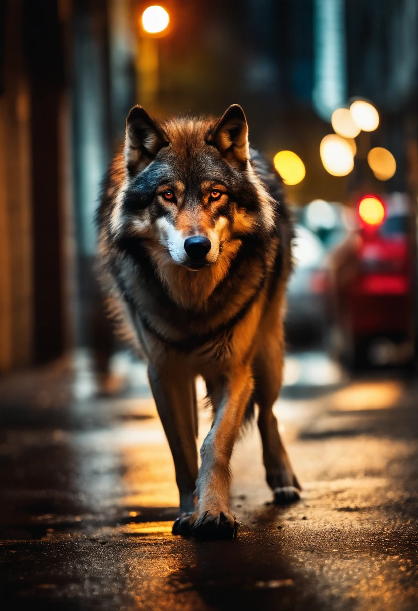 (Better detail, High quality), Furry wolf, walking in city, (Night, brightened light, urban envrionment), (Dynamic framing, fierce look, hair messy), (Bright red eyes, Detail coat), (Colorful spots, Wet street), (Focus of the wolf's head), (Bright focus in the eyes).??? shots