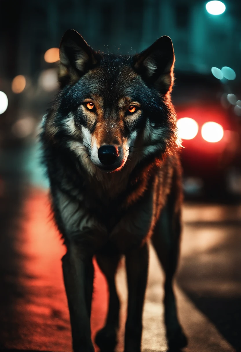 (Better detail, High quality), Furry wolf, walking in city, (Night, brightened light, urban envrionment), (Dynamic framing, fierce look, hair messy), (Bright red eyes, Detail coat), (Colorful spots, Wet street), (Focus of the wolf's head), (Bright focus in the eyes).cum shots