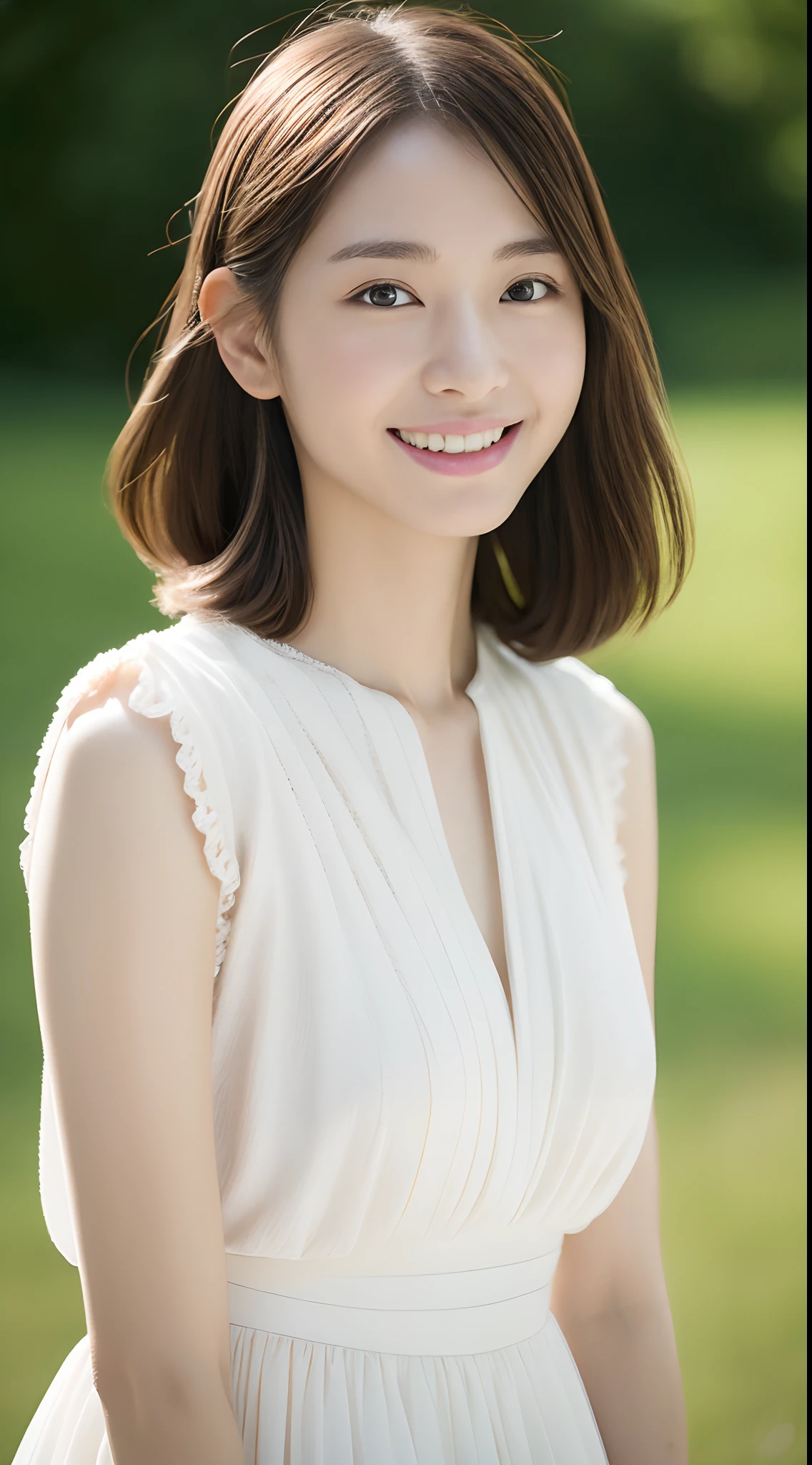 (1girl in:1.4),Smile, Cowboy Shot, Anatomically correct, Textured skin, Super Detail, Best Quality, masutepiece,gakki,White Dress,Detail Beautiful delicate face、Detail Beautiful delicate eyes、depth of fields、Ray traching,a beauty girl,Model for women's fashion magazine