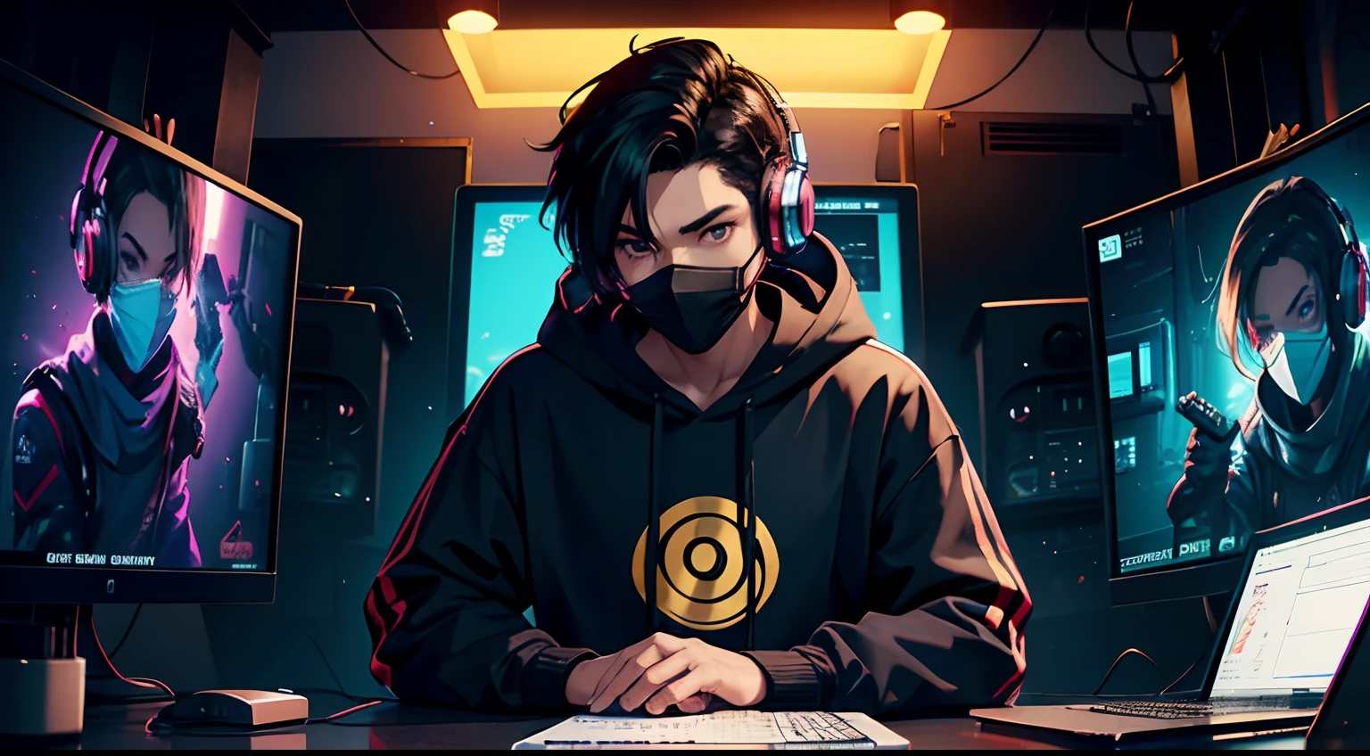 cartoon of a man in a realsitic awesome hoodie sitting at a desk with a microphone, discord profile picture, cyber aesthetic, the encrypted metaverse, art depicting control freak, background artwork, vaporwave cartoon, black hair, talking into microphone, 2d illustration, cyberpunk art, A man with a mask wearing headphones in a homestudio, laptop on table, influencer, looking into camera, youtube studio, background wall with youtube golden play button, best quality, hd, face and body in center facing towards camera
