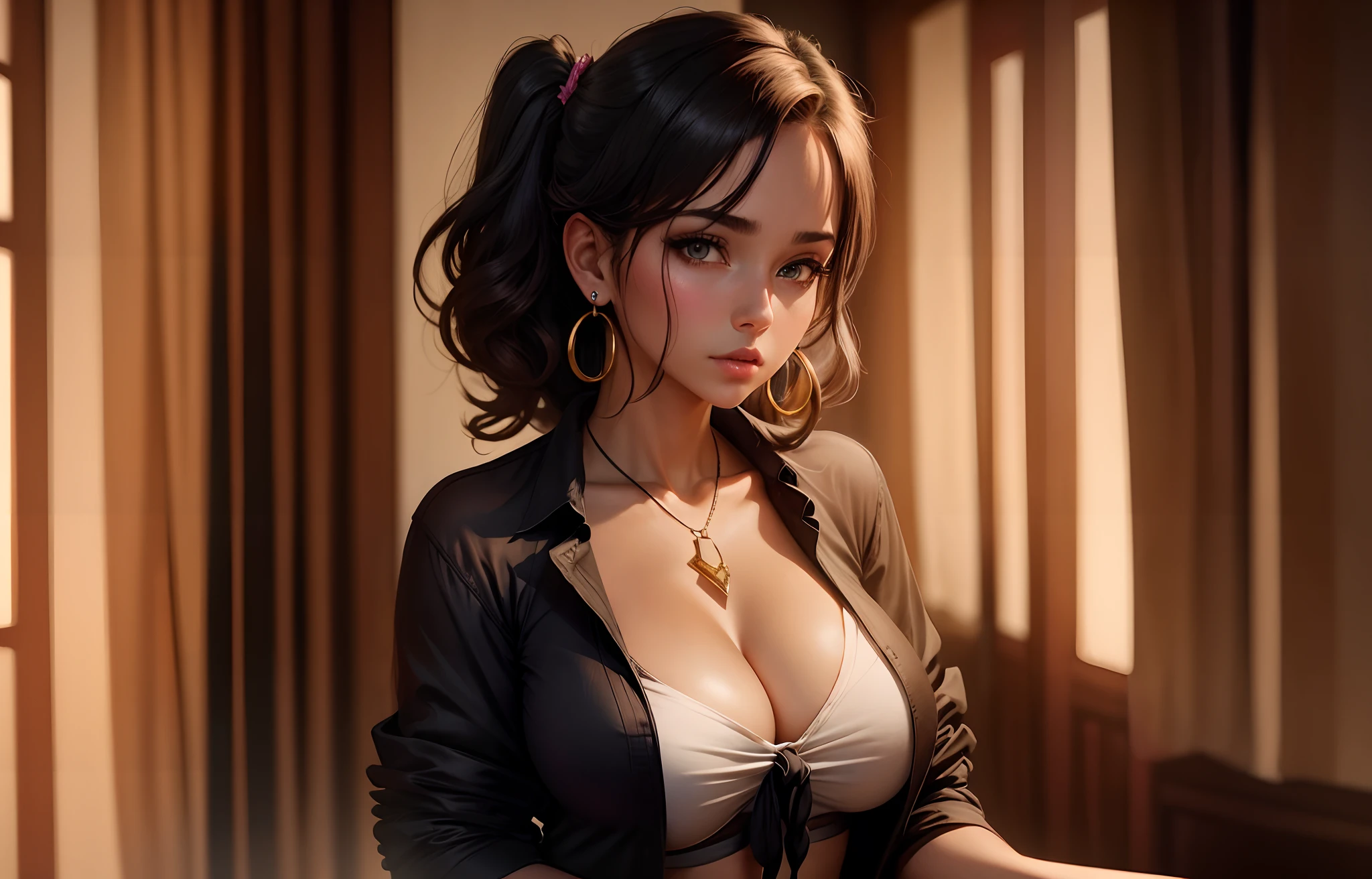1girl, hair, breasts, cleavage, curtains, earrings, front-tie_top, jewelry, large_breasts, lips, looking_at_viewer, shirt, solo, tied_shirt, upper_body, shirt