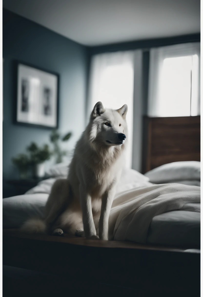 white wolf, bedroom background, photorealistic art, dream like, cool colours