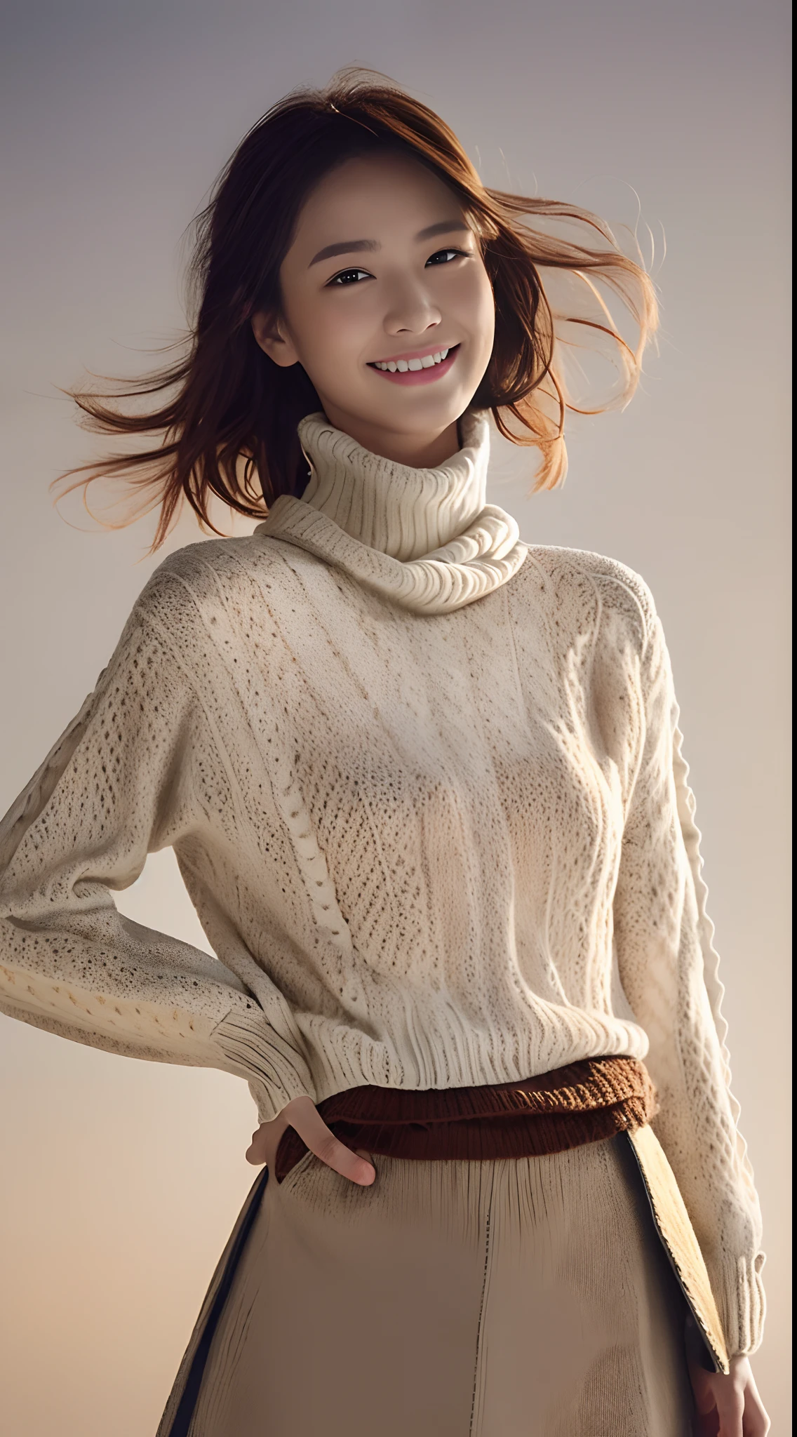 (1girl in:1.4),Smile, Cowboy Shot, Anatomically correct, Textured skin, Super Detail, Best Quality, masutepiece,gakki,Detail Beautiful delicate face、Detail Beautiful delicate eyes、depth of fields、Ray traching,a beauty girl,Model for women's fashion magazine,(Casual Fashion, elegant fabric, Turtleneck knitwear,skirt by the:1.5), Gorgeous, (Random hairstyle:1.2), (Floating hair:1.2), (Dynamic Pose:1.2), Soft lighting, Wind, makeup,(Natural smile:1.2),cowboy shot