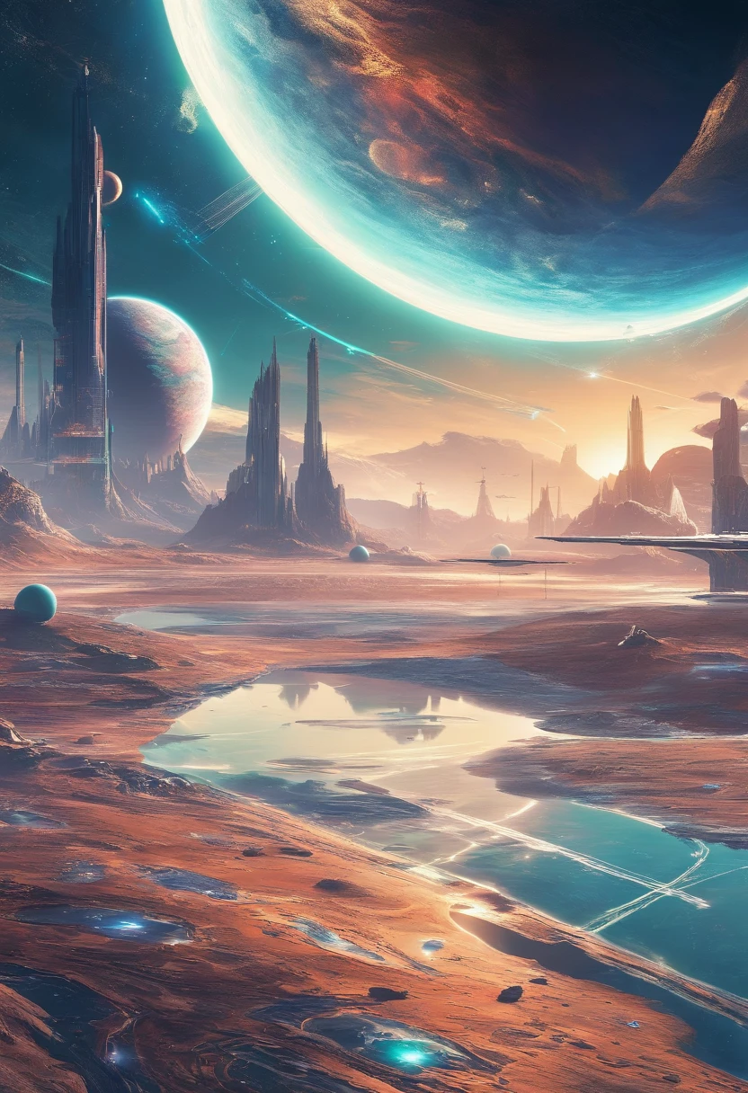 view from space, estilo anime, A water planet with 3 moons