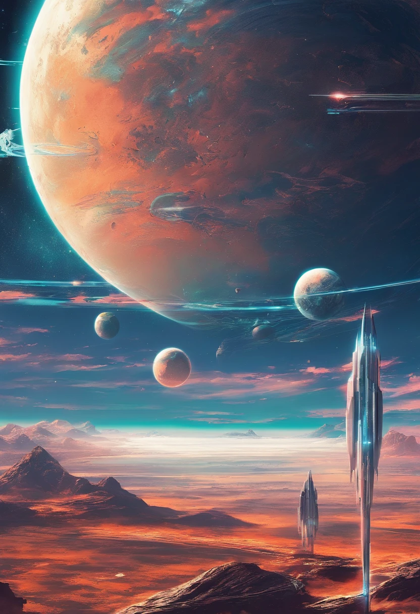 view from space, estilo anime, A water planet with 3 moons