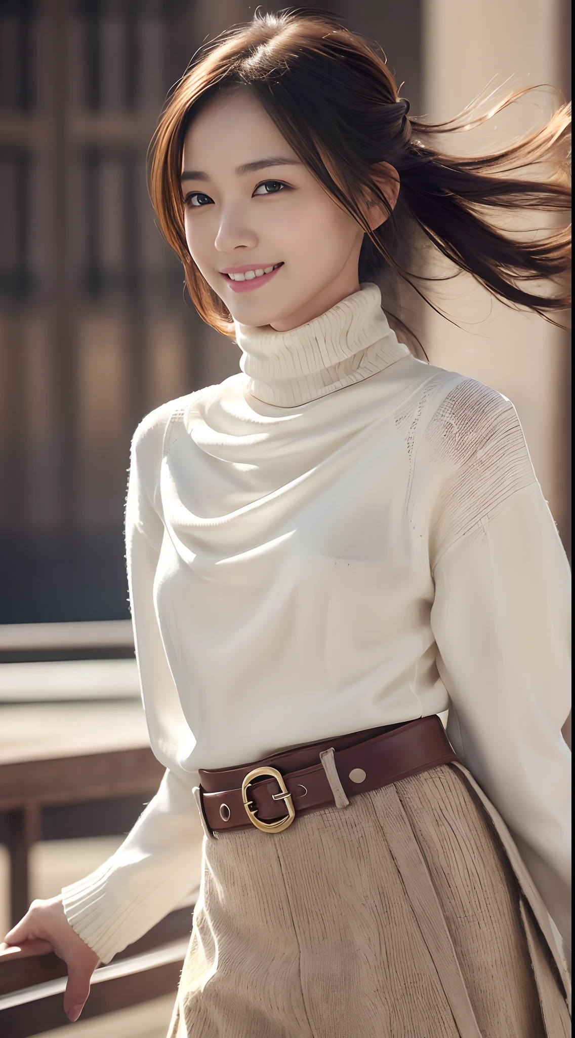 (1girl in:1.4),Natural smile, Cowboy Shot, Anatomically correct, Textured skin, Super Detail, Best Quality, masutepiece,gakki,Detail Beautiful delicate face、Detail Beautiful delicate eyes、depth of fields、Ray traching,a beauty girl,Model for women's fashion magazine,(Casual Fashion, elegant fabric, Turtleneck knitwear,skirt by the:1.5), Gorgeous, (Random hairstyle:1.2), (Floating hair:1.2), (Dynamic Pose:1.2), Soft lighting, Wind, makeup,(Natural smile:1.2),cowboy  shot