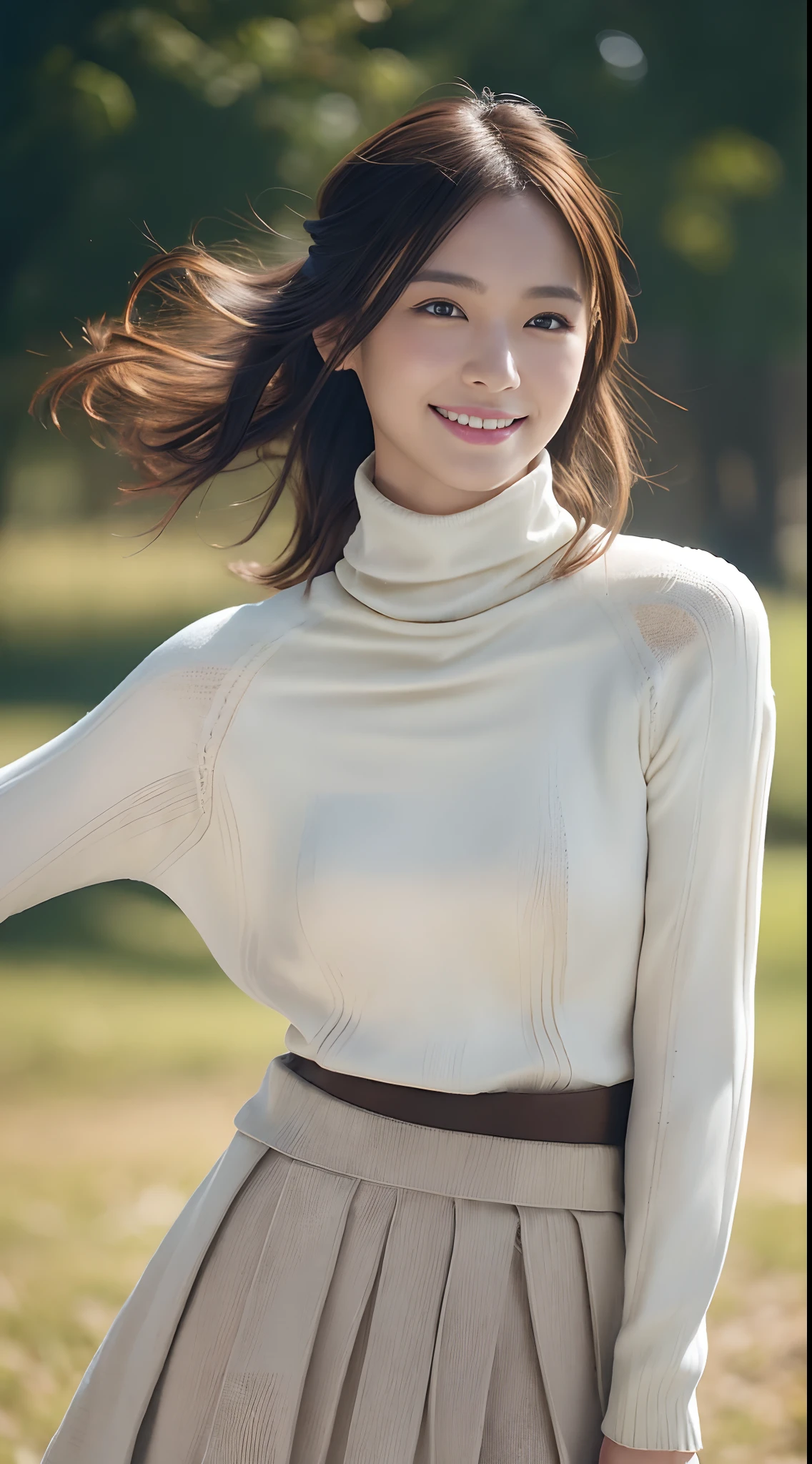 (1girl in:1.4),Natural smile, Cowboy Shot, Anatomically correct, Textured skin, Super Detail, Best Quality, masutepiece,gakki,Detail Beautiful delicate face、Detail Beautiful delicate eyes、depth of fields、Ray traching,a beauty girl,Model for women's fashion magazine,(Casual Fashion, elegant fabric, Turtleneck knitwear,skirt by the:1.5), Gorgeous, (Random hairstyle:1.2), (Floating hair:1.2), (Dynamic Pose:1.2), Soft lighting, Wind, makeup,(Natural smile:1.2),cowboy  shot
