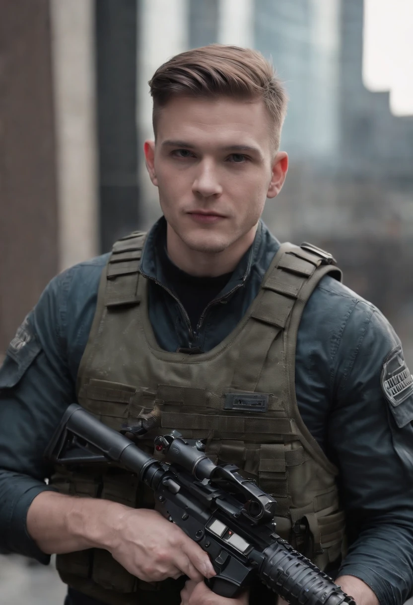 ((beste-Qualit)), ((tmasterpiece)), (higly detailed:1.3), 3D, Nibbler (ciberpunk:1.3) A toothy hacker in a bulletproof vest with a machine gun