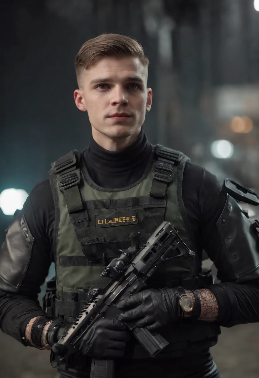 ((beste-Qualit)), ((tmasterpiece)), (higly detailed:1.3), 3D, Nibbler (ciberpunk:1.3) A toothy hacker in a bulletproof vest with a machine gun