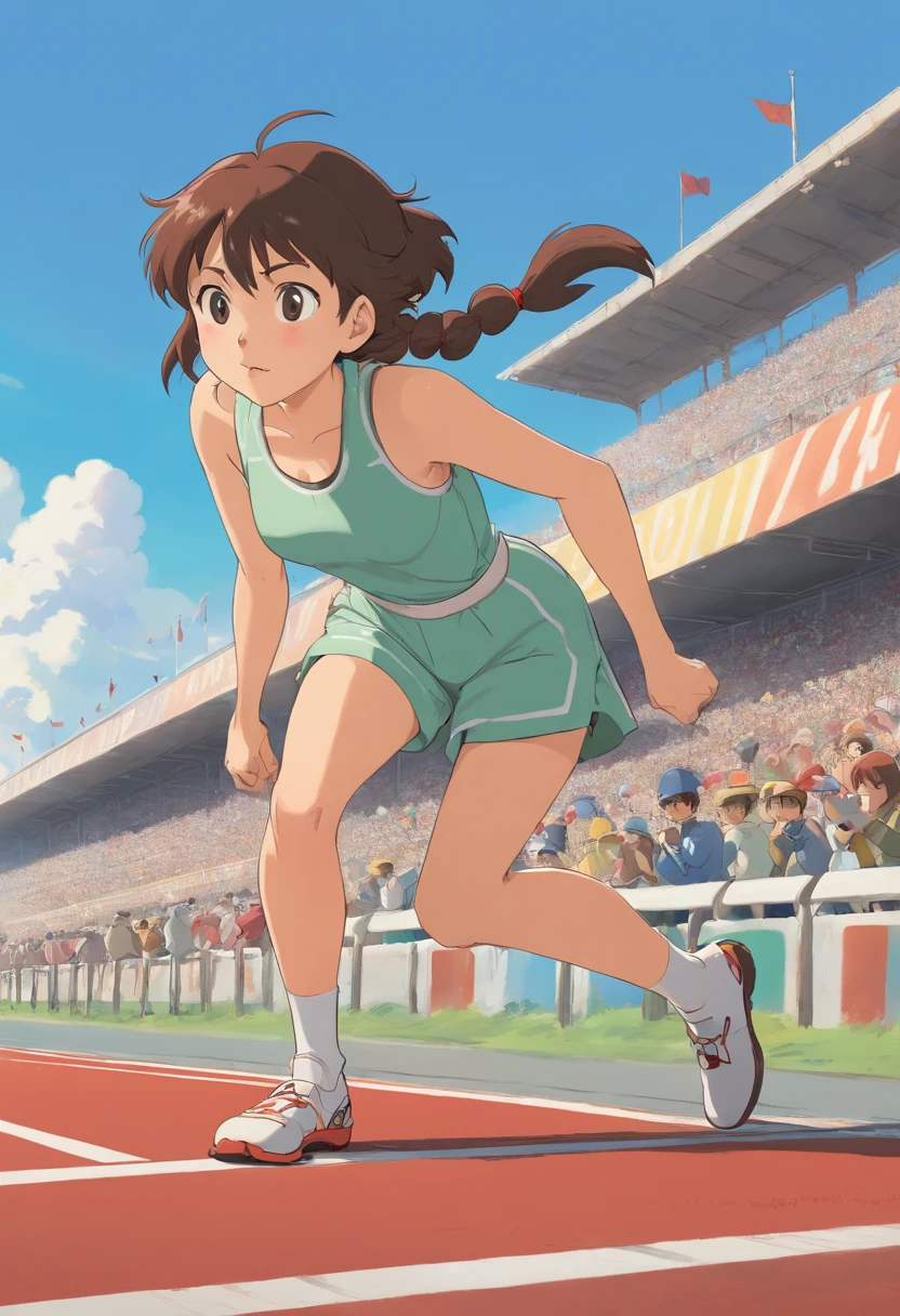A woman stands at the starting line of a racetrack, pronto para sprint. This indicates that she has strong execution skills and is ready to take action.