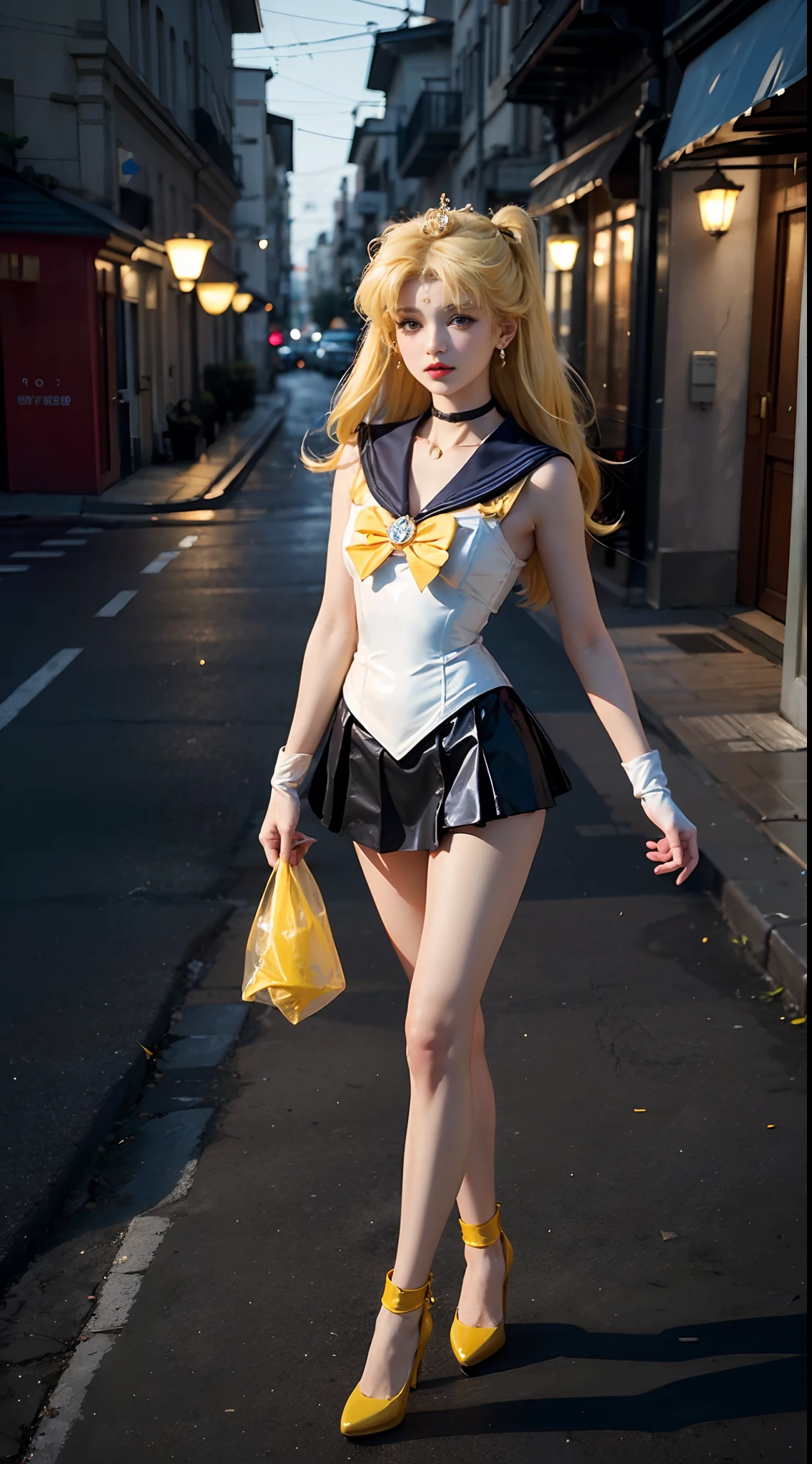 ((​masterpiece:1.4)、(top-quality:1.4)、(reallistic:1.7))、masuter piece:1.4、a beauty girl、(Sailor Moon:1.4)、Tsukino Usagi、Body Fit Sexy Sailor Senshi Uniform、(latex shiny)、(The jacket is a white sleeveless sailor suit)、(Skirt is blue sexy ultra ultra mini skirt)、The collar of the sailor suit is blue with two thin lines.、high leg swimsuit、Red cloth ornament on chest、(Wearing white gloves)、Kawaii Girl、Super beauty、foco nítido、Portrait photos、Upper body photography:1.4、beautiful countenance、beautidful eyes、Narrow waist、(Yellow hair:1.4)、(length hair:1.2)、Beautiful udder、large full breasts:1.2、Raw photo、red-lips、Red high heels:1.4、a choker:1.4、a necklace:1.4、耳Nipple Ring:1.4、Luxurious golden tiara:1.4、1 screen display、Outdoor landscape