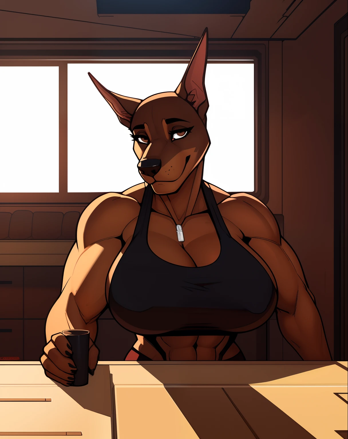 Very_muscular_mature_doberman female dark_brown_two-tone_furry_body brown_eyes milf tank_top wife solo Masterpiece best_quality absurdres highly_detailed cleanly_drawn_eyes anthro_only large_breasts by_claweddrip, by_greasymojo, by_underscore-b, by_runawaystride
