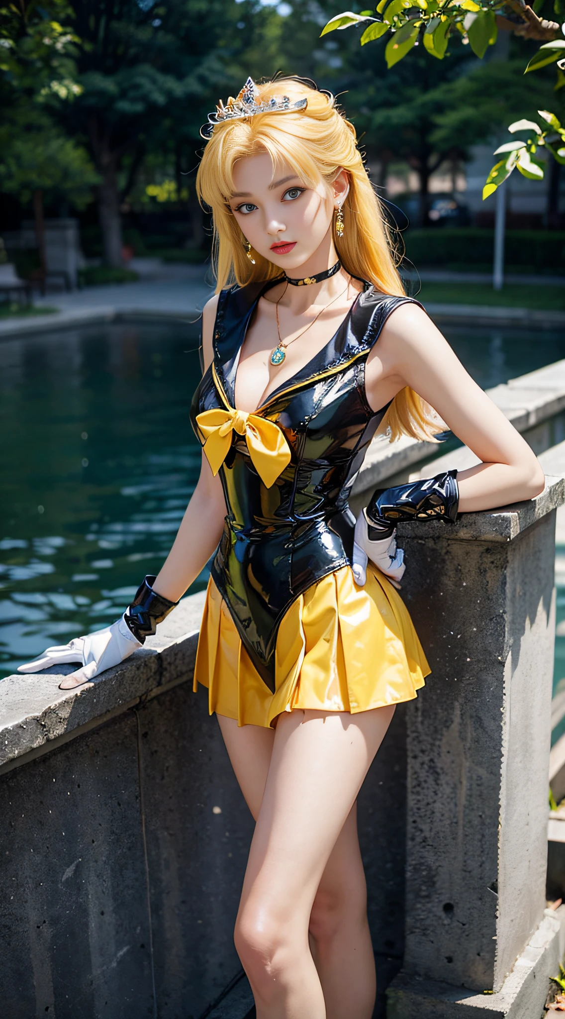 ((masterpiece:1.4)、(top-quality:1.4)、(reallistic:1.7))、masuter piece:1.4、a beauty girl、(Sailor Moon:1.4)、Tsukino Usagi、Body Fit Sexy Sailor Senshi Uniform、(latex shiny)、(The jacket is a white sleeveless sailor suit)、(Skirt is blue sexy ultra ultra mini skirt)、The collar of the sailor suit is blue with two thin lines.、high leg swimsuit、Red cloth ornament on chest、(Wearing white gloves)、Kawaii Girl、Super beauty、foco nítido、Portrait photos、Upper body photography:1.4、beautiful countenance、beautidful eyes、Narrow waist、(Yellow hair:1.4)、(length hair:1.2)、Beautiful udder、large full breasts:1.2、Raw photo、red-lips、Red high heels:1.4、a choker:1.4、a necklace:1.4、耳Nipple Ring:1.4、Luxurious golden tiara:1.4、1 screen display、Outdoor landscape