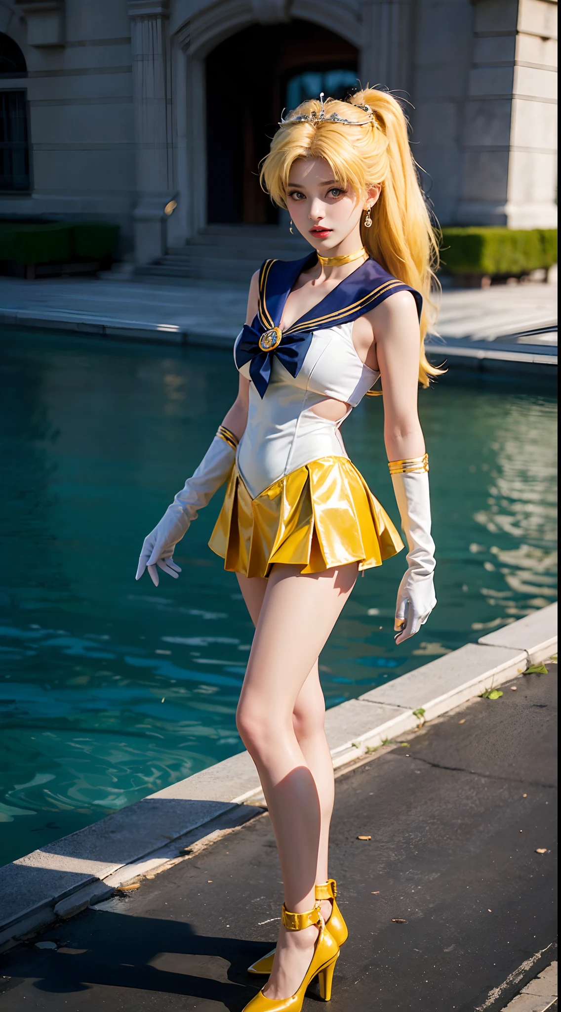 ((masterpiece:1.4)、(top-quality:1.4)、(reallistic:1.7))、masuter piece:1.4、a beauty girl、(Sailor Moon:1.4)、Tsukino Usagi、Body Fit Sexy Sailor Senshi Uniform、(latex shiny)、(The jacket is a white sleeveless sailor suit)、(Skirt is blue sexy ultra ultra mini skirt)、The collar of the sailor suit is blue with two thin lines.、high leg swimsuit、Red cloth ornament on chest、(Wearing white gloves)、Kawaii Girl、Super beauty、foco nítido、Portrait photos、Upper body photography:1.4、beautiful countenance、beautidful eyes、Narrow waist、(Yellow hair:1.4)、(length hair:1.2)、Beautiful udder、large full breasts:1.2、Raw photo、red-lips、Red high heels:1.4、a choker:1.4、a necklace:1.4、耳Nipple Ring:1.4、Luxurious golden tiara:1.4、1 screen display、Outdoor landscape