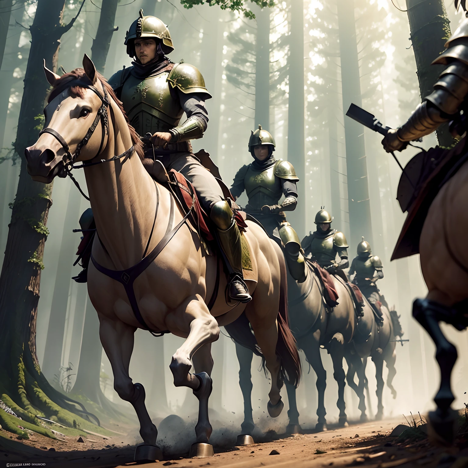 The background is the forest, 10 armored soldiers following a chariot