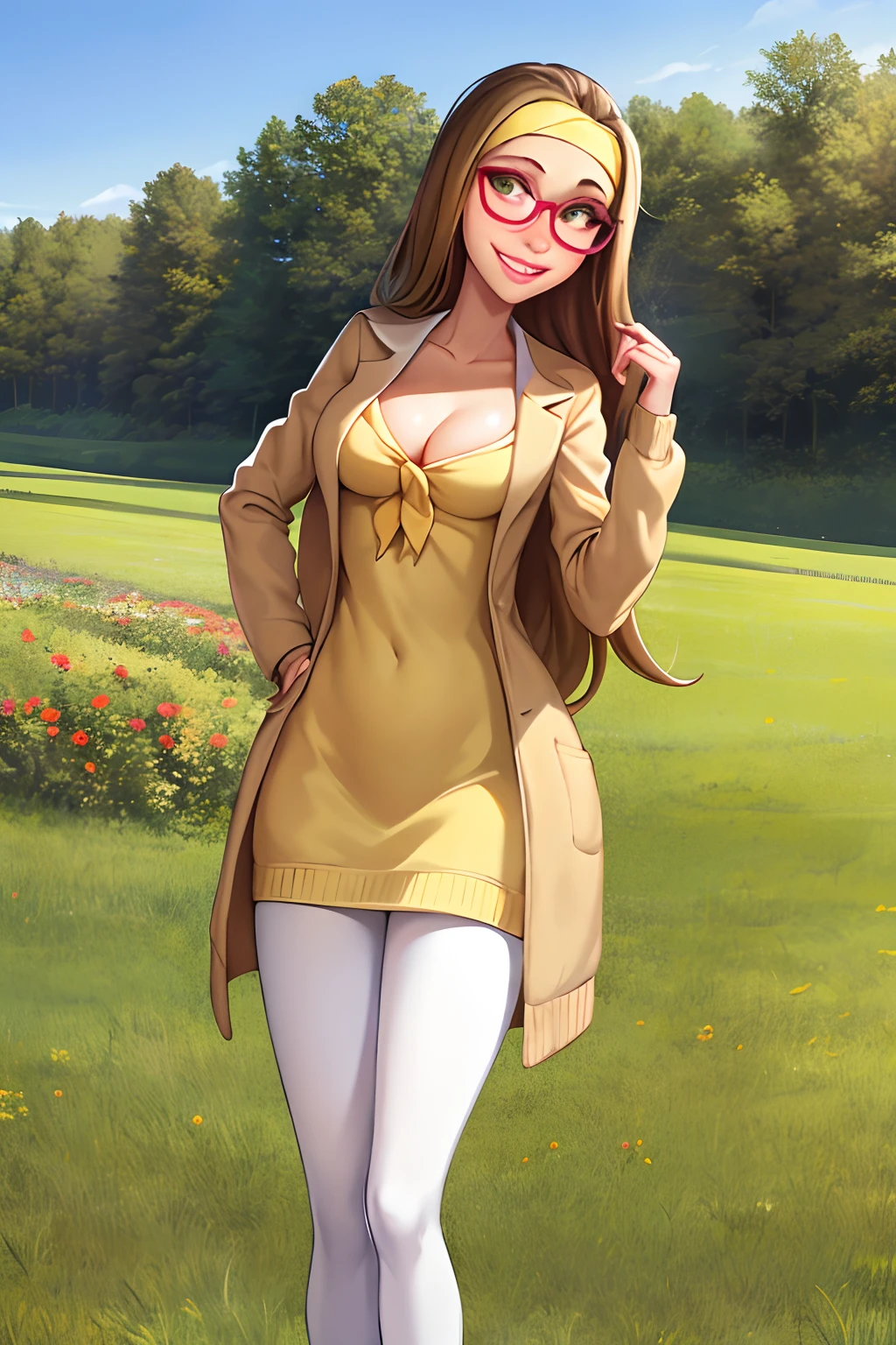 masterpiece, best quality,1girl, hlcivil, solo, headband, long hair, brown hair, coat, full body, glasses, green eyes, lips, large breasts , cleavage, smile, white pantyhose, medium breasts, traditional media, long shot, meadow background, blue sky, sunshine