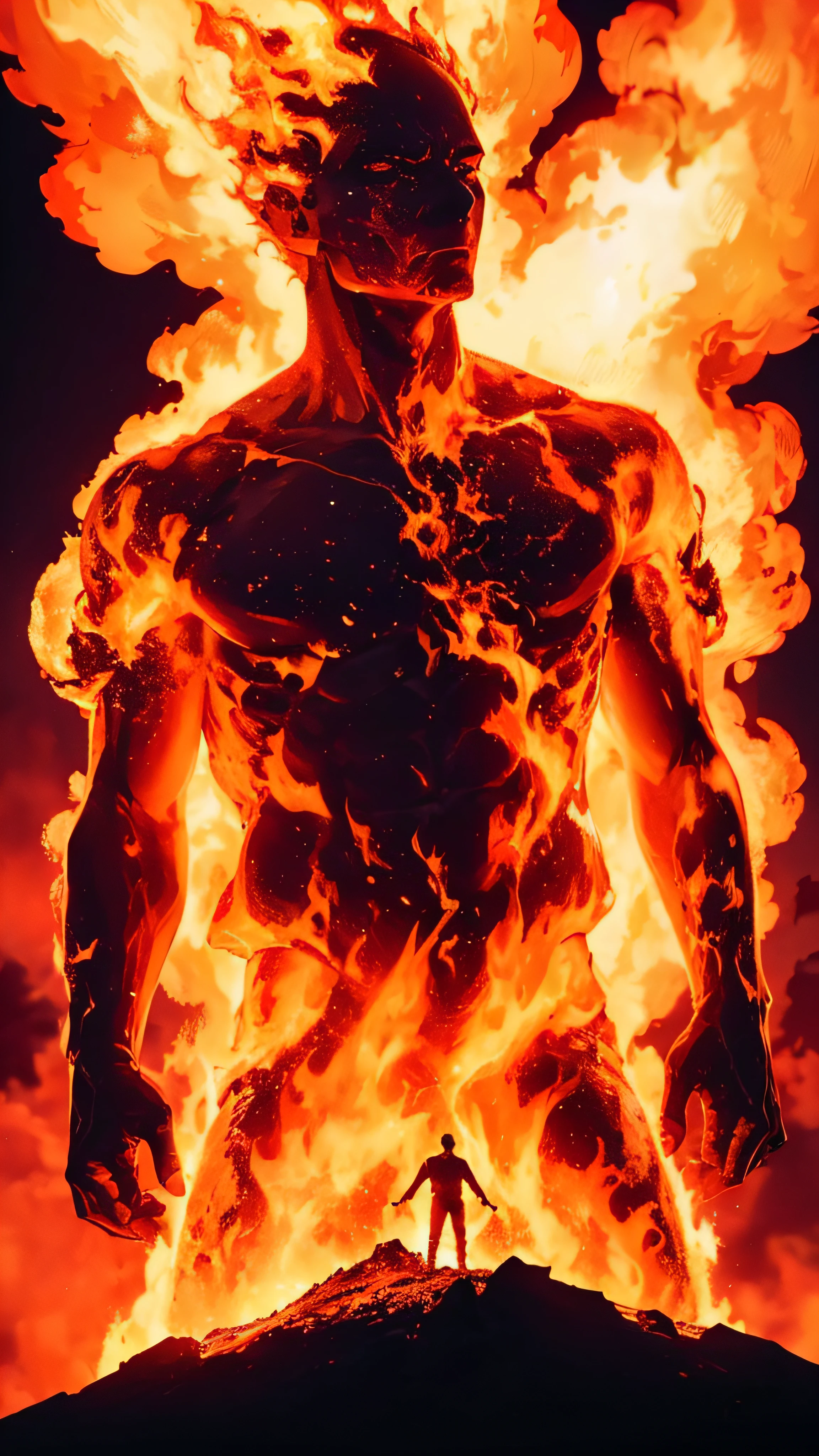 a man made of engulfing fire standing on top of a volcano, cinematic, intricate, black background