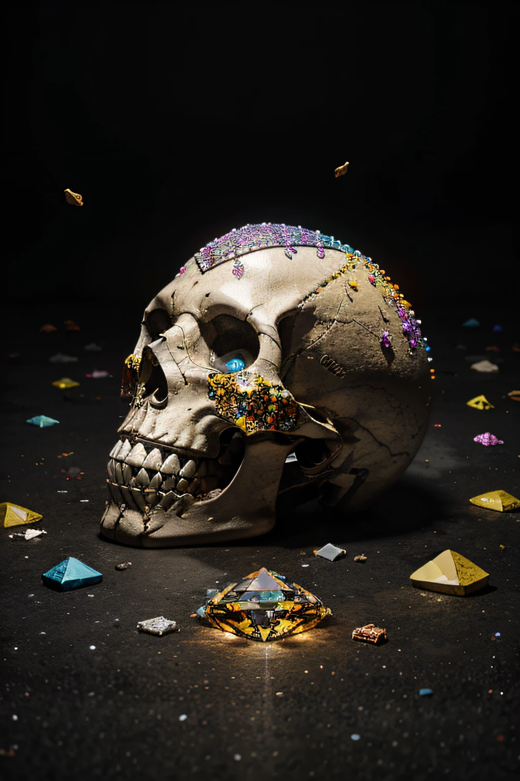 A multi-colored diamond skull explodes as it falls to the ground, detailed and textured pieces flying in all directions