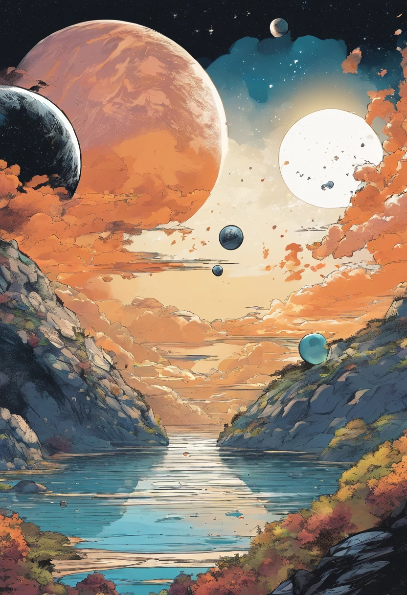 view from space, Estilo anime, A water planet with 3 moons