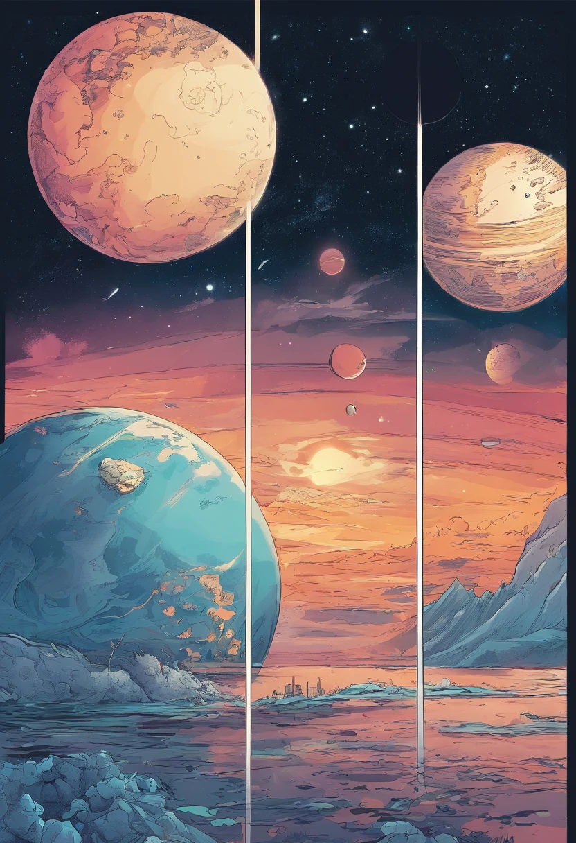 view from space, Estilo anime, A water planet with 3 moons