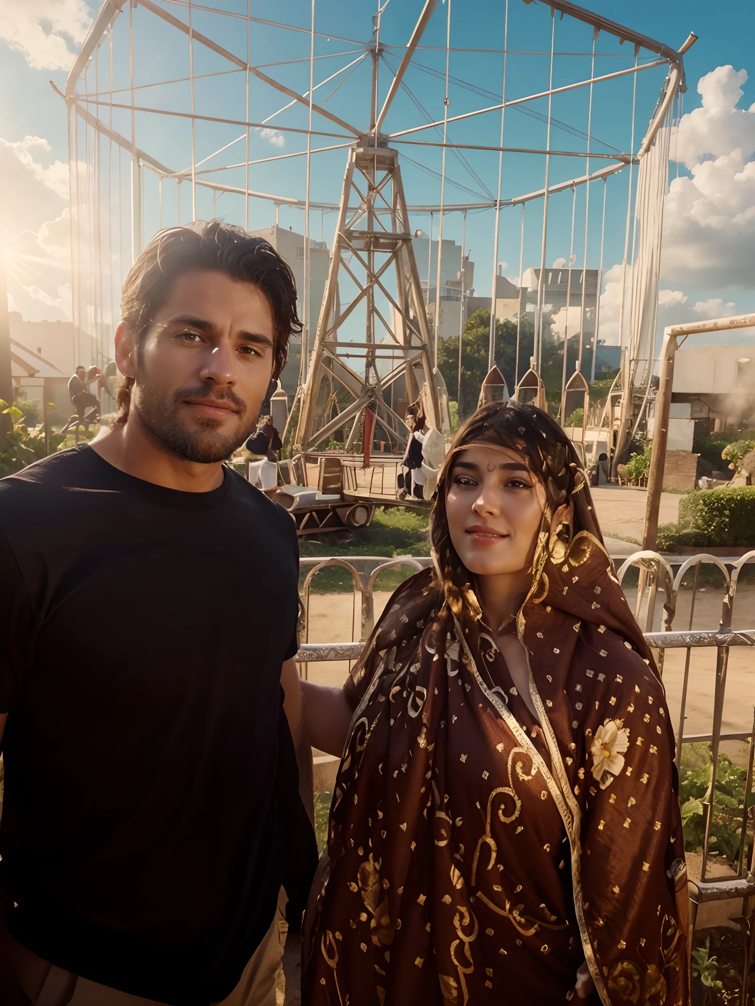 Background change into beautiful garden with roller coaster ride with handsome men and beautiful women realistic photo realistic 8k photos