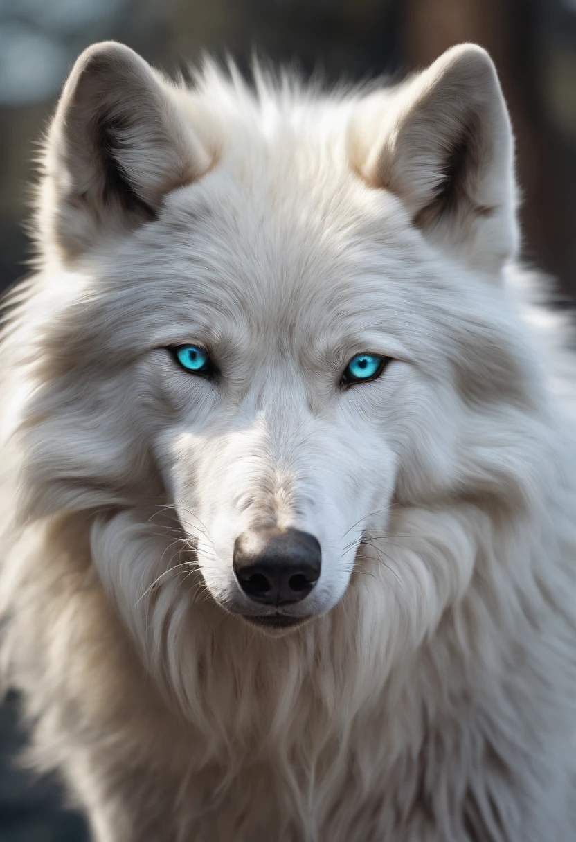 Fluffy white wolf, bedroom background, photorealistic art, dream like, cool colours