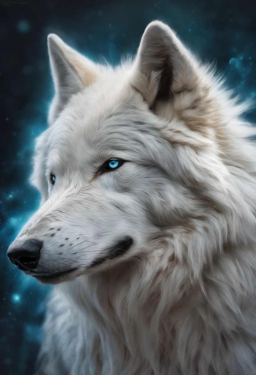 Fluffy white wolf, bedroom background, photorealistic art, dream like, cool colours