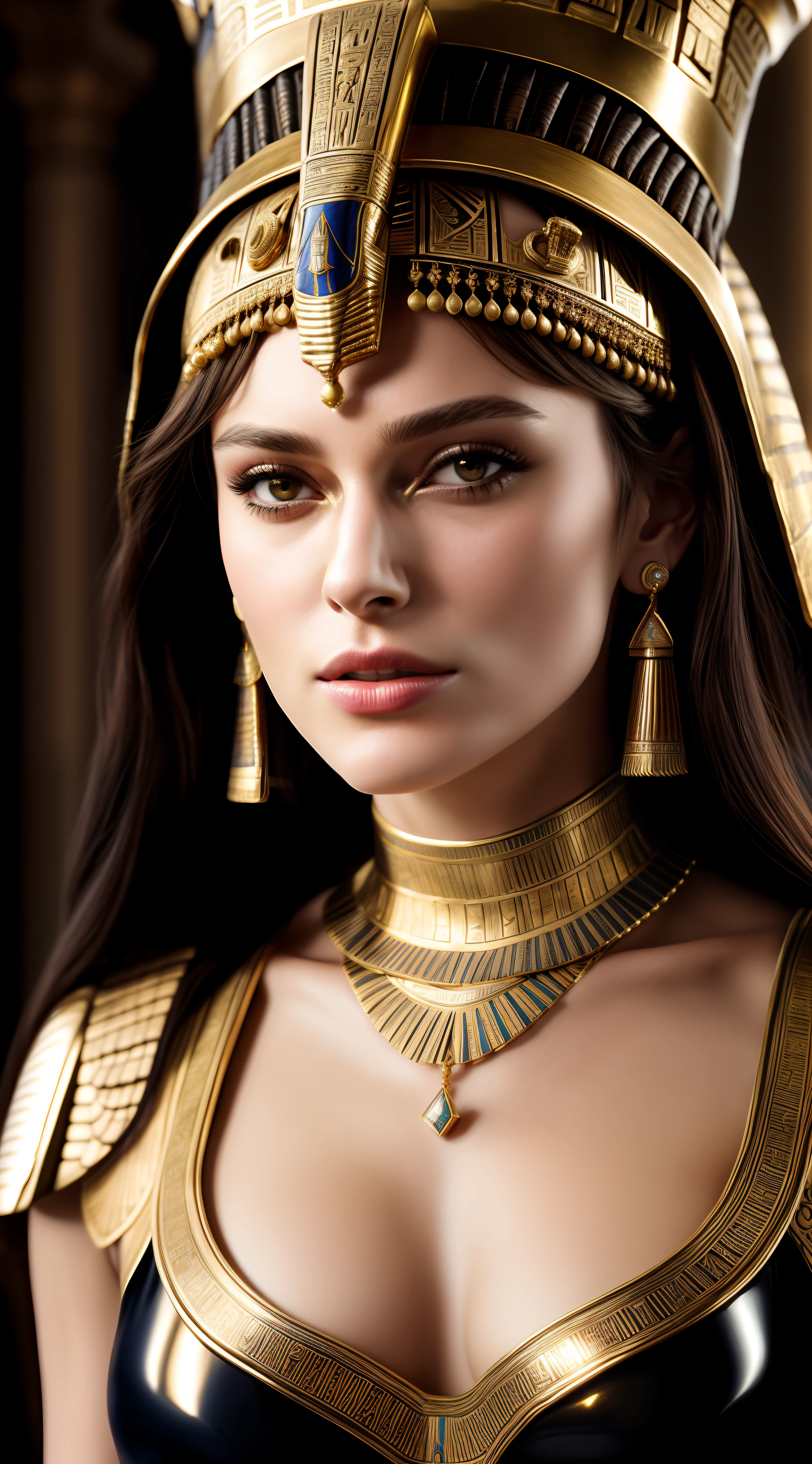 Cinematic portrait, professional cinematography, a close up of a woman in a gold outfit with an egyptian mask, beautiful cleopatra, egyptian princess, cinematic goddess close shot, cleopatra, cinematic goddess body shot, cleopatra portrait, goddess. extremely high detail, egyptian, cleopatra in her palace, cinematic goddess shot, egyptian style, extremely detailed goddess shot, beautiful goddess, Keira Knightley as egyptian, Keira Knightley gorgeous and beautiful pharaoh, portrait of cleopatra, uhd, 8k, 32k, sharp, highly detailed, detailed Beauty,hdr, cinematic vision,