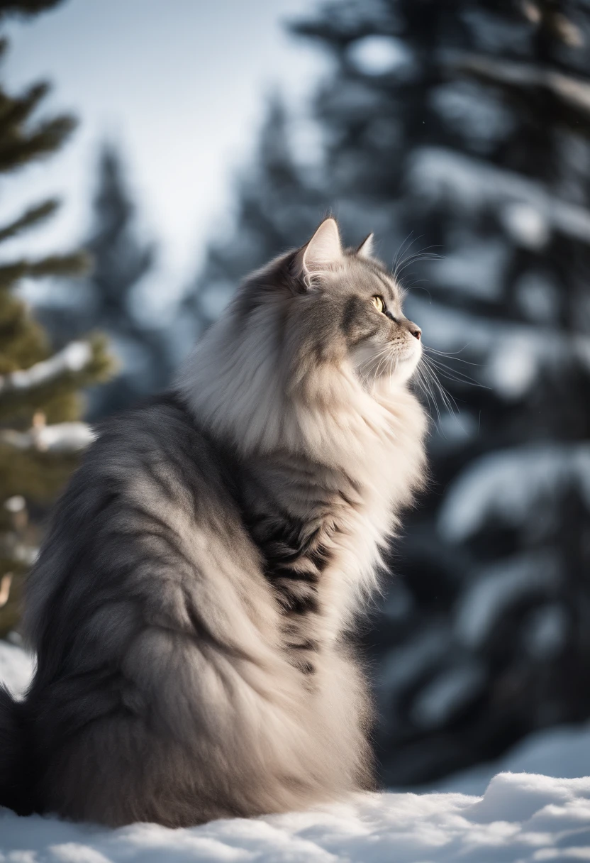 Giant fluffy silver and black Siberian Cat, snow and pine trees background, bright sunlight