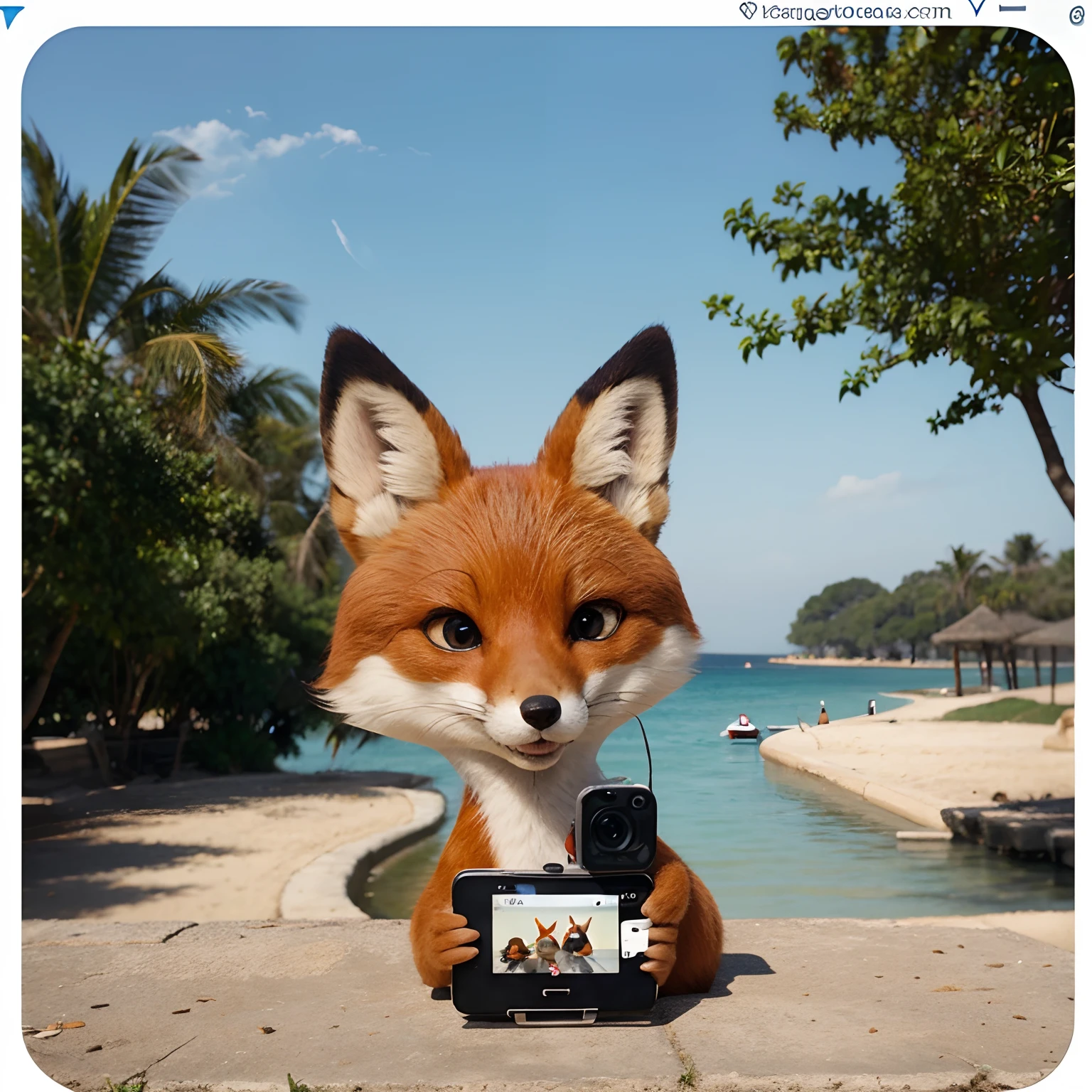 A cartoon fox making a instagram posting