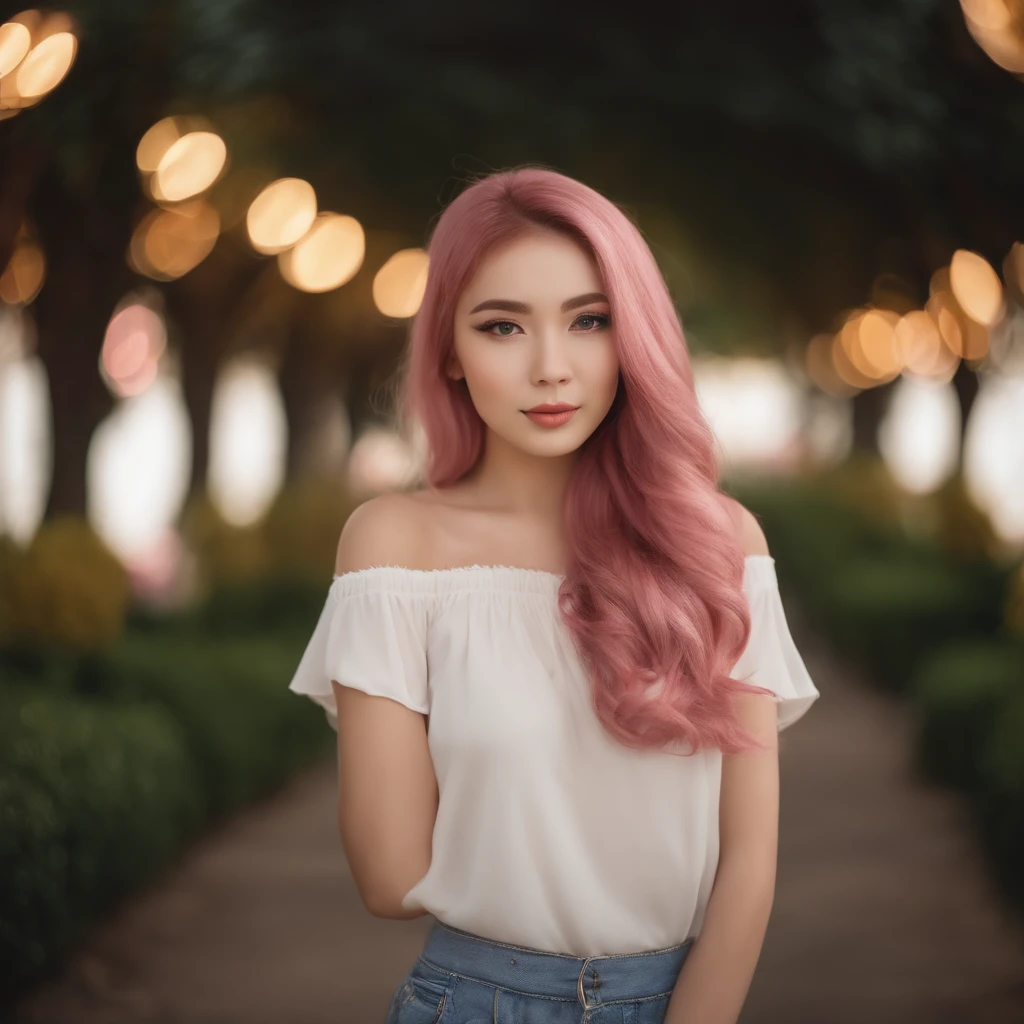 beautiful girl, cute, pink hair, symmetrical face, symmetrical eyes, two identical symmetrical eyes, beautiful girl, gorgeous,realistyc skin, cutie, long hair, full body, asian, brown eyes, smelling flower, skin is not perfect, some wrinkles, photo looks like frome phone