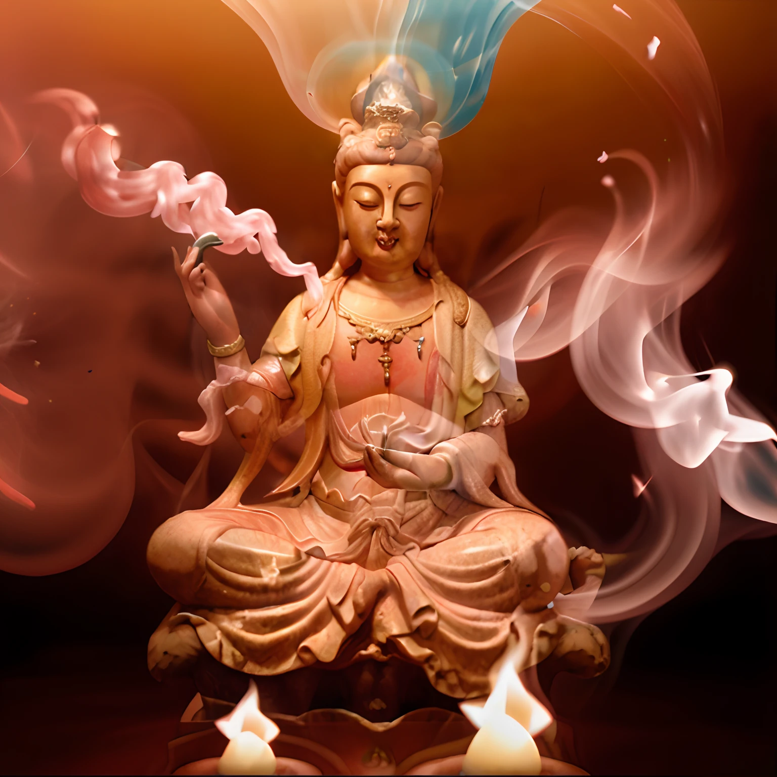 A closeup of a statue with a lit cigarette in front of it, incense smoke fills the air, incenso, Beautiful image, budismo, budista, Monges!!!!!!!!! fire, Buda, smoke art, O Buda, mangeta smoke red light, Directed by: Matt Stewart, beautiful depiction, peaceful face, Samsara, 8k)), hindu aesthetic, the smoke is flowing