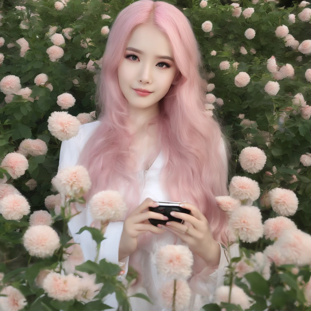 beautiful girl, cute, pink hair, symmetrical face, symmetrical eyes, two identical symmetrical eyes, beautiful girl, gorgeous,realistyc skin, cutie, long hair, full body, asian, brown eyes, smelling flower, skin is not perfect, some wrinkles, photo looks like frome phone
