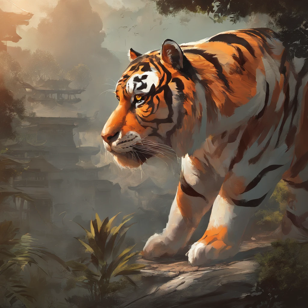 The tiger focuses on the face, (best qualityer, highr, photo-realistic:1.37), 詳細な目, Strong gaze, Robust and powerful construction, Vivid and eye-catching colors, Dramatic lighting, Inspiring composition, Majestic and ferocious presence, Wildlife photography style, a warm color palette