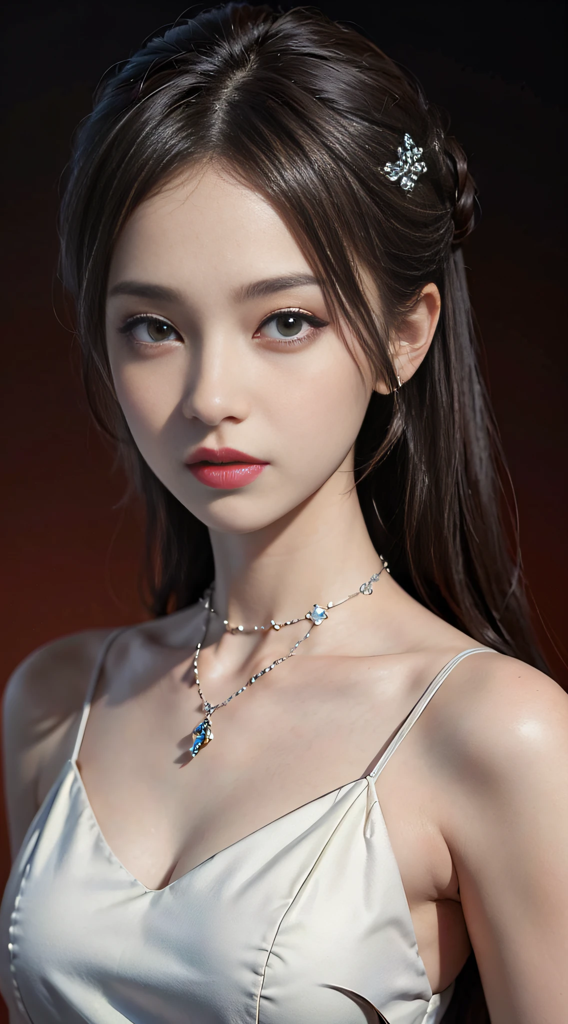 ((​masterpiece:1.4)、(top-quality:1.4)、(reallistic:1.7))、masuter piece:1.4、Kawaii Girl、Portrait photos、Close-up photos、Upper body photography、beautiful countenance、defiance、dark backgrounds、Narrow waist、poneyTail、Raw photo、red-lips、a choker:1.4、a necklace:1.4、耳Nipple Ring:1.4、1 screen display、