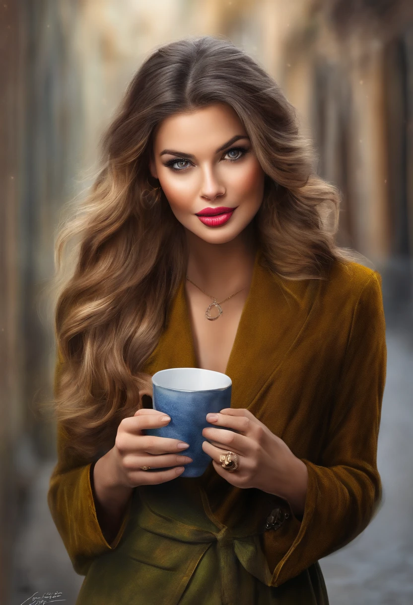 (Best quality,4K,8k,high resolucion,Masterpiece:1.2),Ultra-detailed,(Realstic,photoreallistic,photo-realistic:1.37),1Belle femme,drinking coffee on a terrace with warm clothes,cheveux verts et noirs,Beauty face,Bewitching eyes,dark lipstick,Fashionable outfit,Vibrant colors,studio lighting,verdure luxuriante,Ambiance avant-gardiste,Portrait artistique